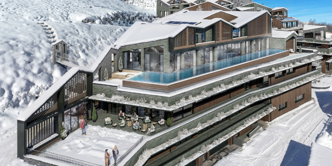 The modern architecture of the Designer Motel Glockna in Fusch am Großglockner, featuring an infinity pool on the roof terrace and the snow-capped Alps in the background.