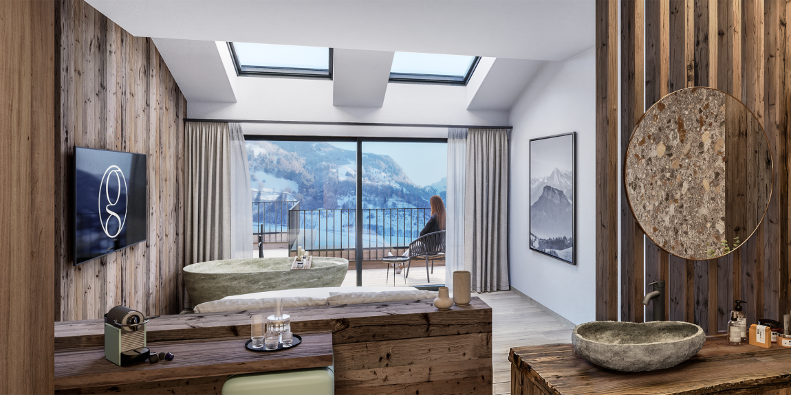 Person liegt im Bett mit ausgestreckter Hand im Sonnenlicht Glockna
