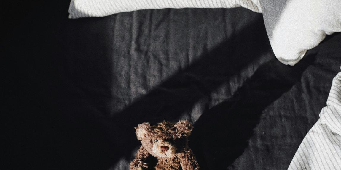 Kuscheltier auf schwarzem Bett mit weißen Kissen im Glockna Licht