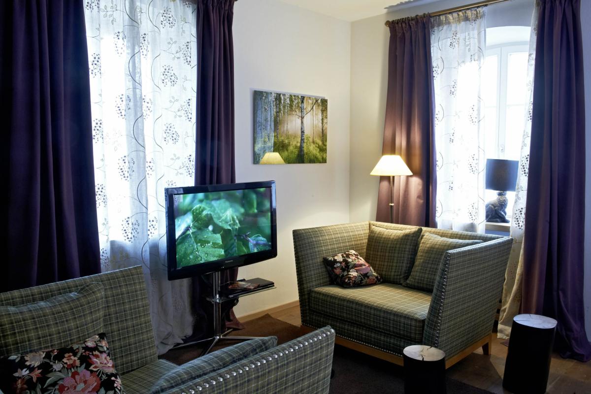 gemütliches wohnzimmer mit lösch tv und sesseln vor fenstern mit gardinen