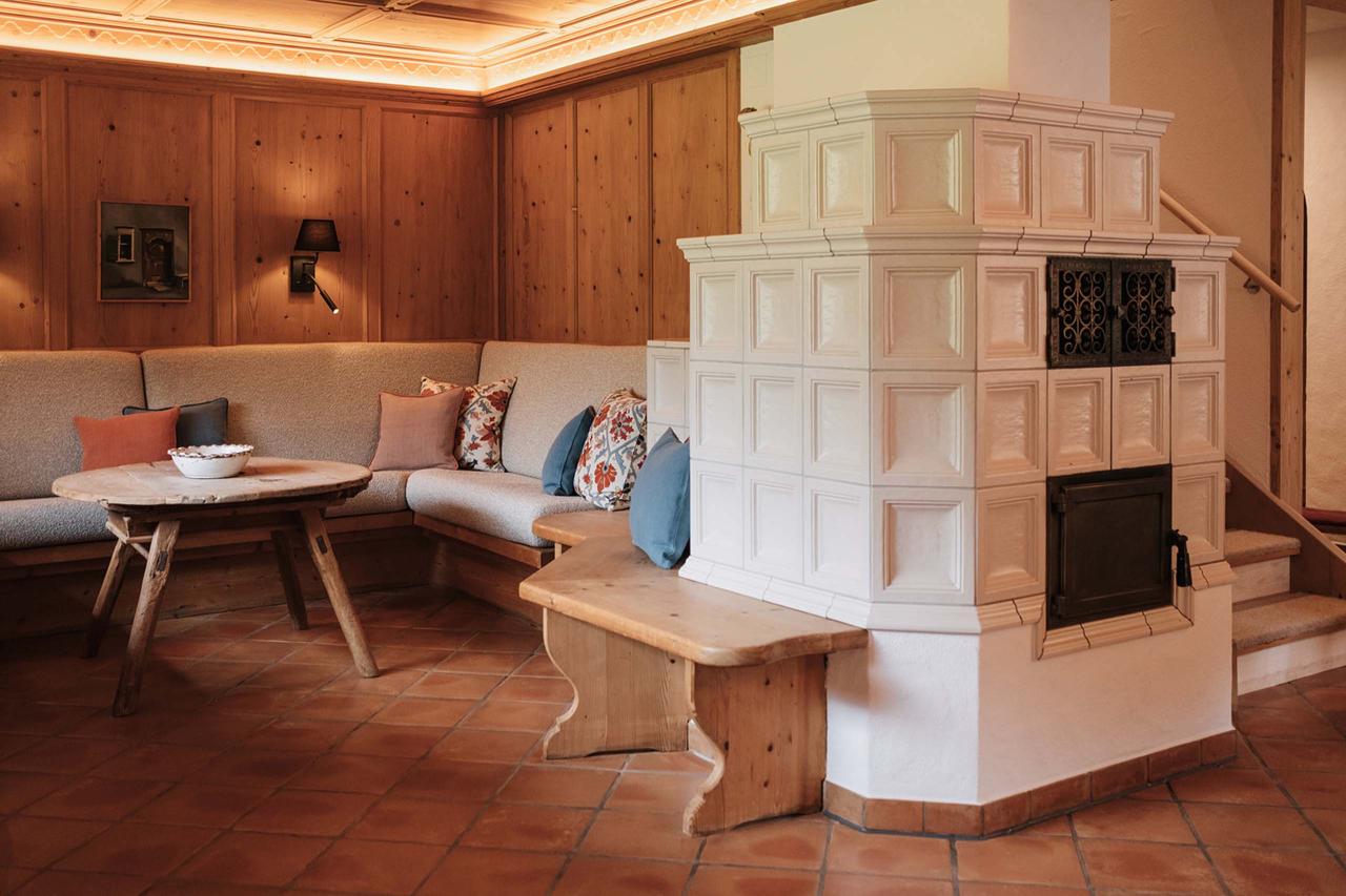 Cozy seating area with fireplace at Hotel Aurora