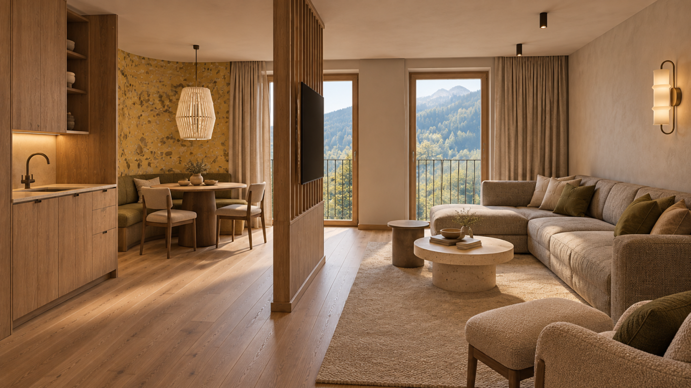 Wohnbereich mit Essplatz und Bergblick im Hotel Arpuria