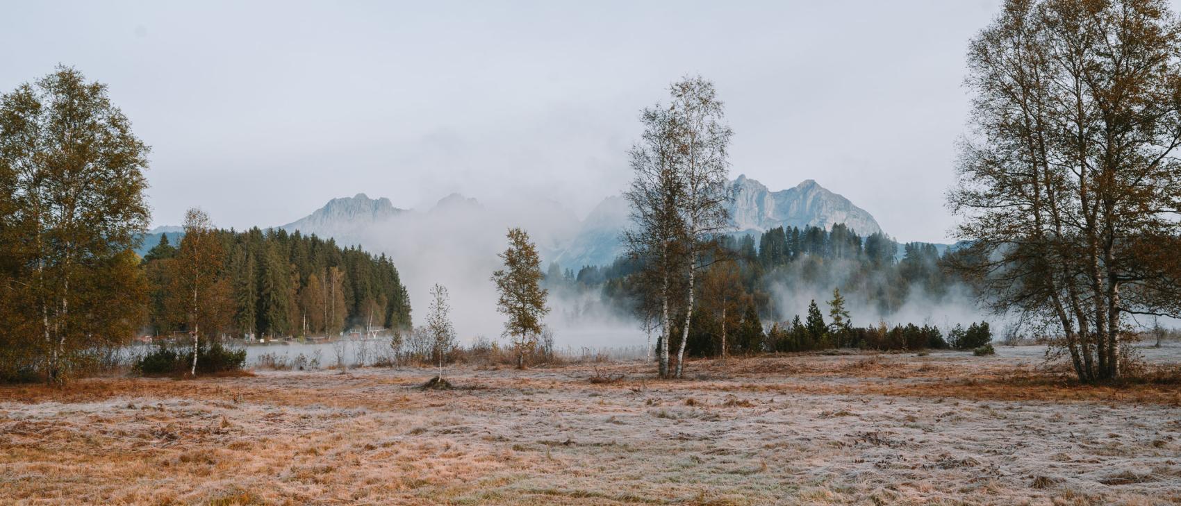 Frostige Wiese mit Bäumen und nebligen Bergen beim Schlosshotel Kitzbühel