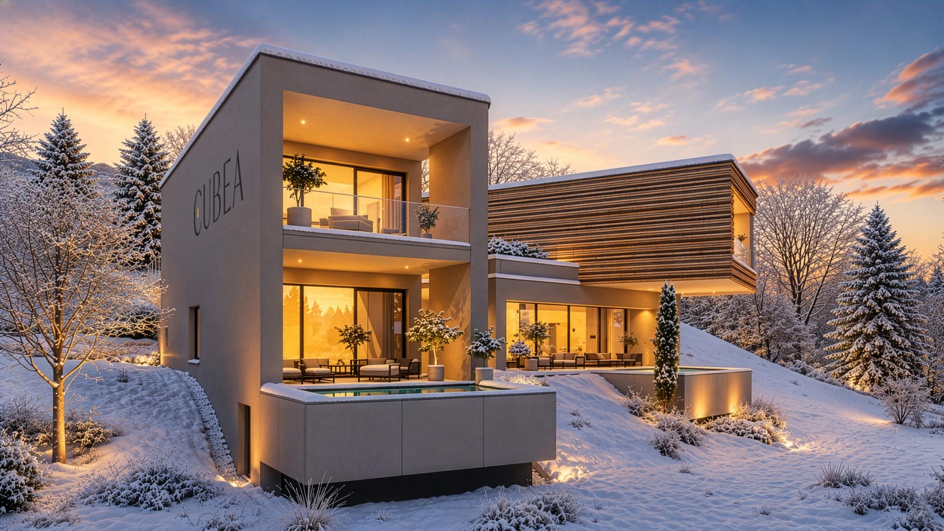 Modernes Cubea-Haus im Schnee bei Sonnenuntergang, mit warm beleuchteten Fenstern
