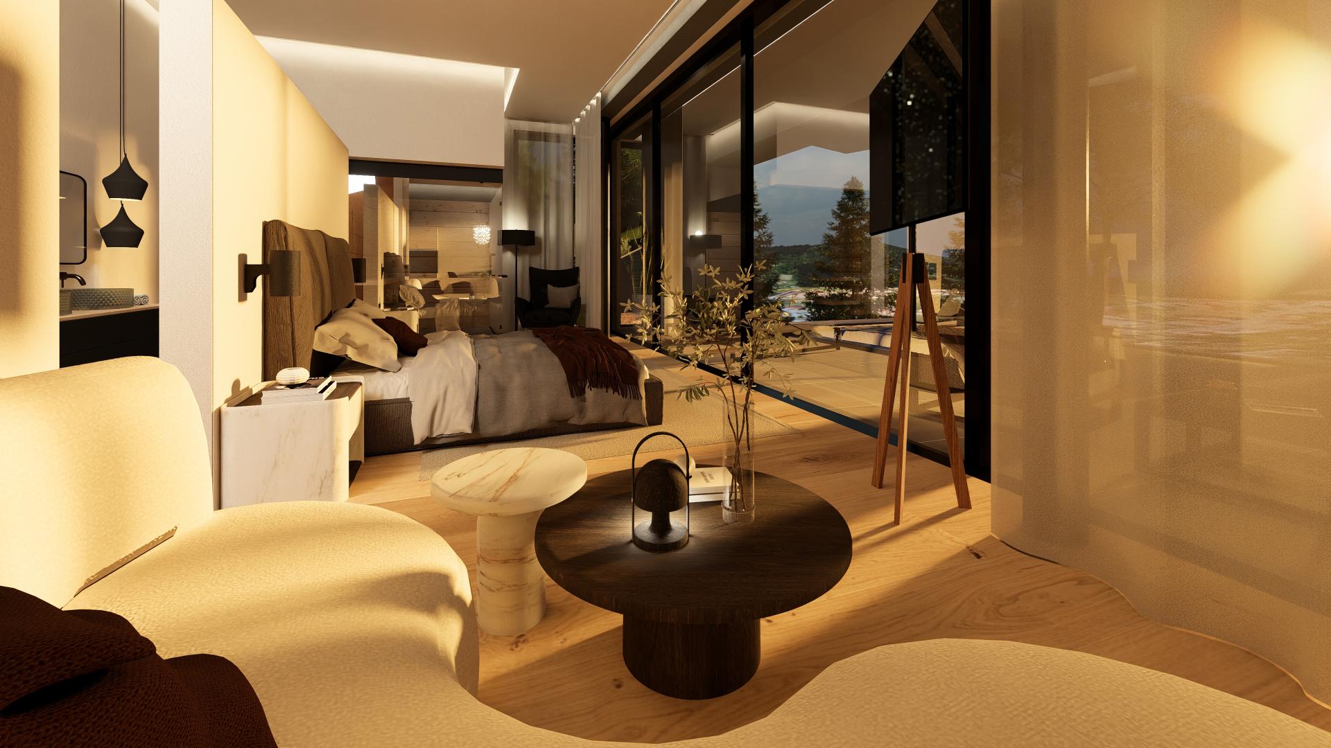 Cubea: warm beleuchtetes modernes Schlafzimmer mit Sitzbereich und großen Glasfronten