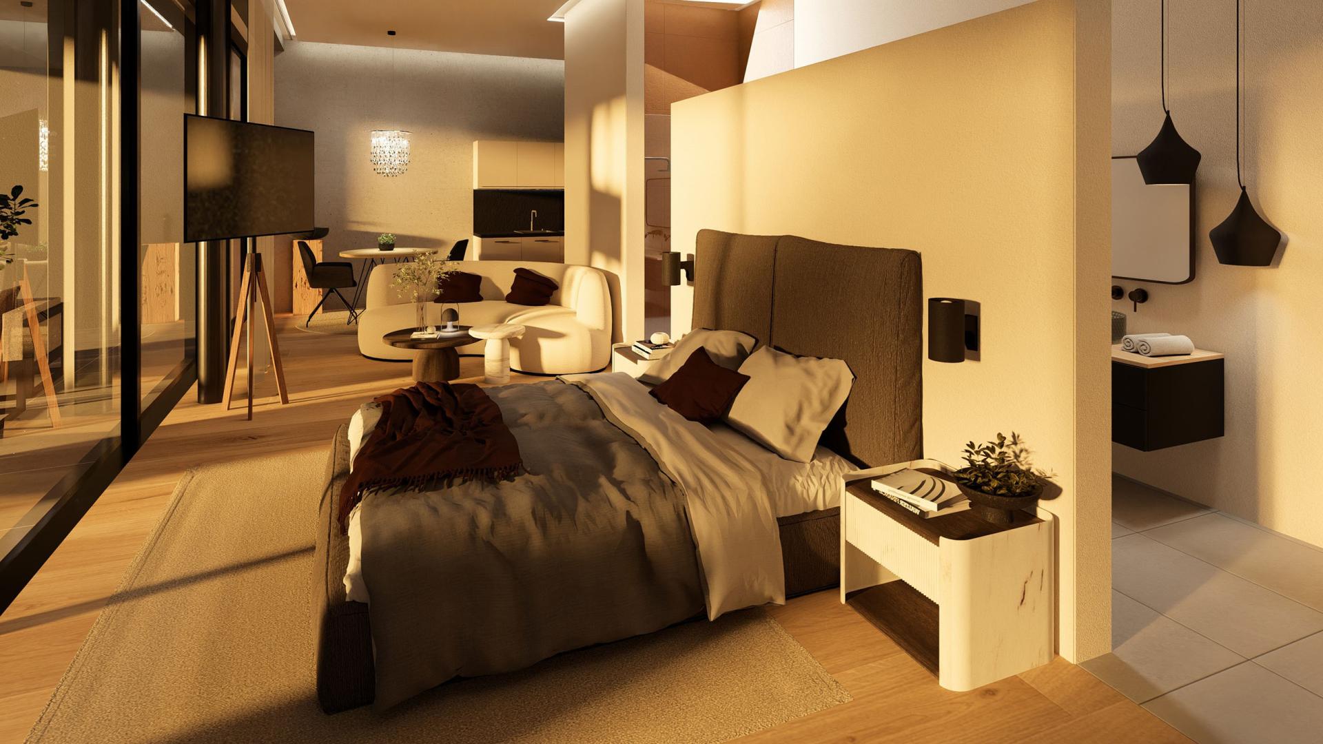 Cubea Schlafzimmer mit modernen Möbeln und großem Fenster mit Blick nach draußen