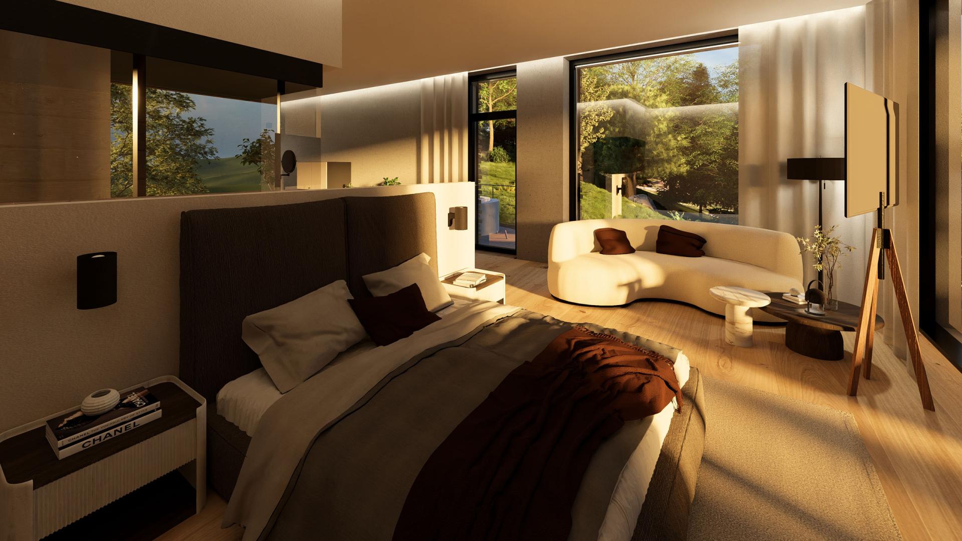 Cubea modernes Schlafzimmer mit großen Fenstern und gemütlichem weißen Sofa bei warmem Licht
