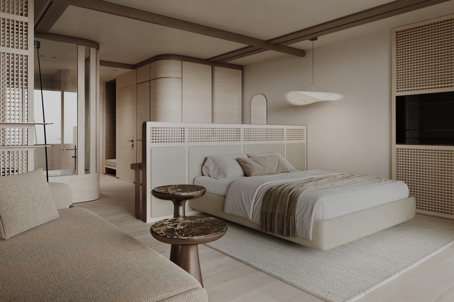 Modern eingerichtetes Zimmer im Hotel Monika mit Bett, Sofa und Fernseher