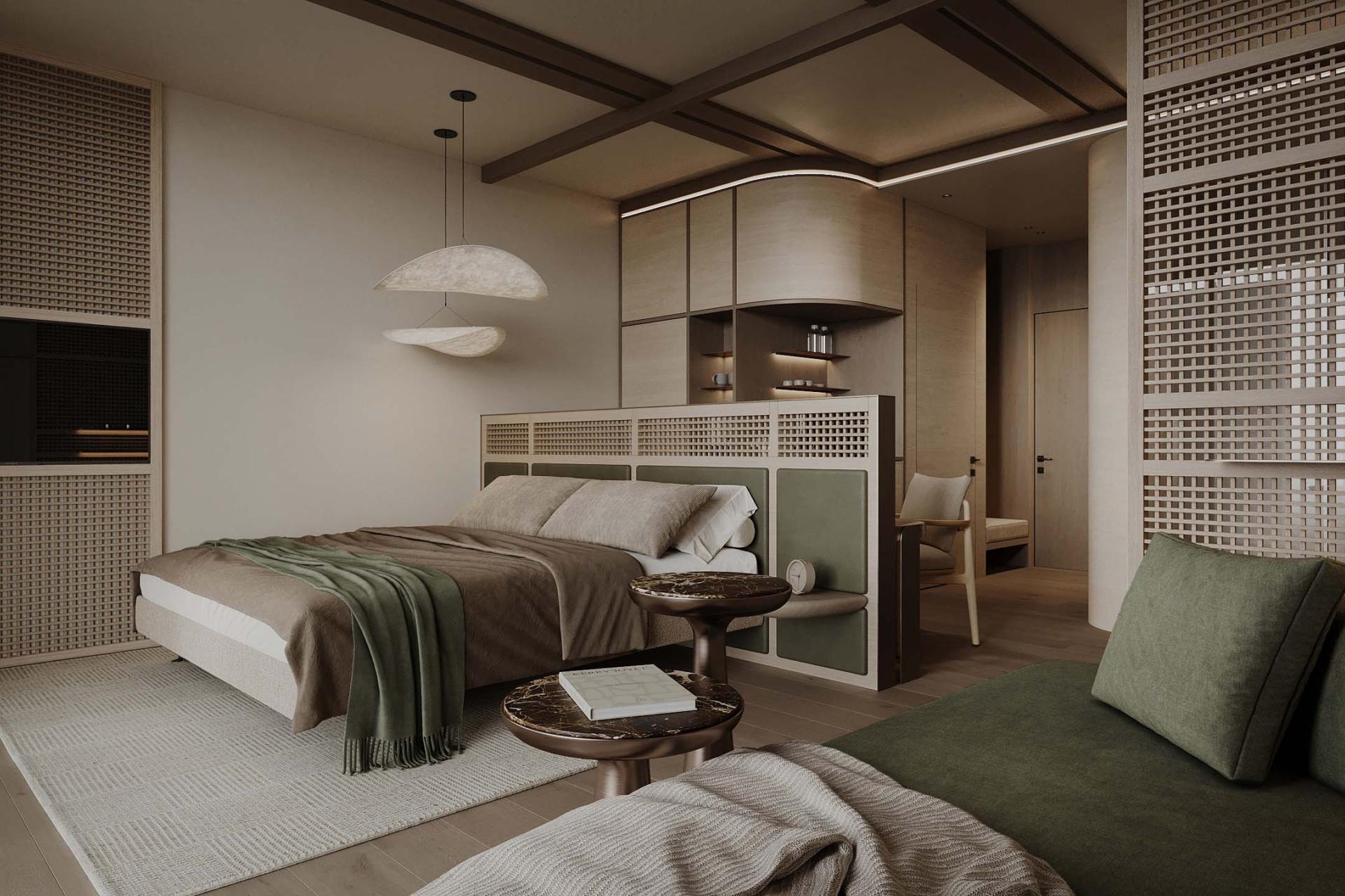 Modernes Hotelzimmer im Hotel Monika mit elegantem Design und Sitzbereich