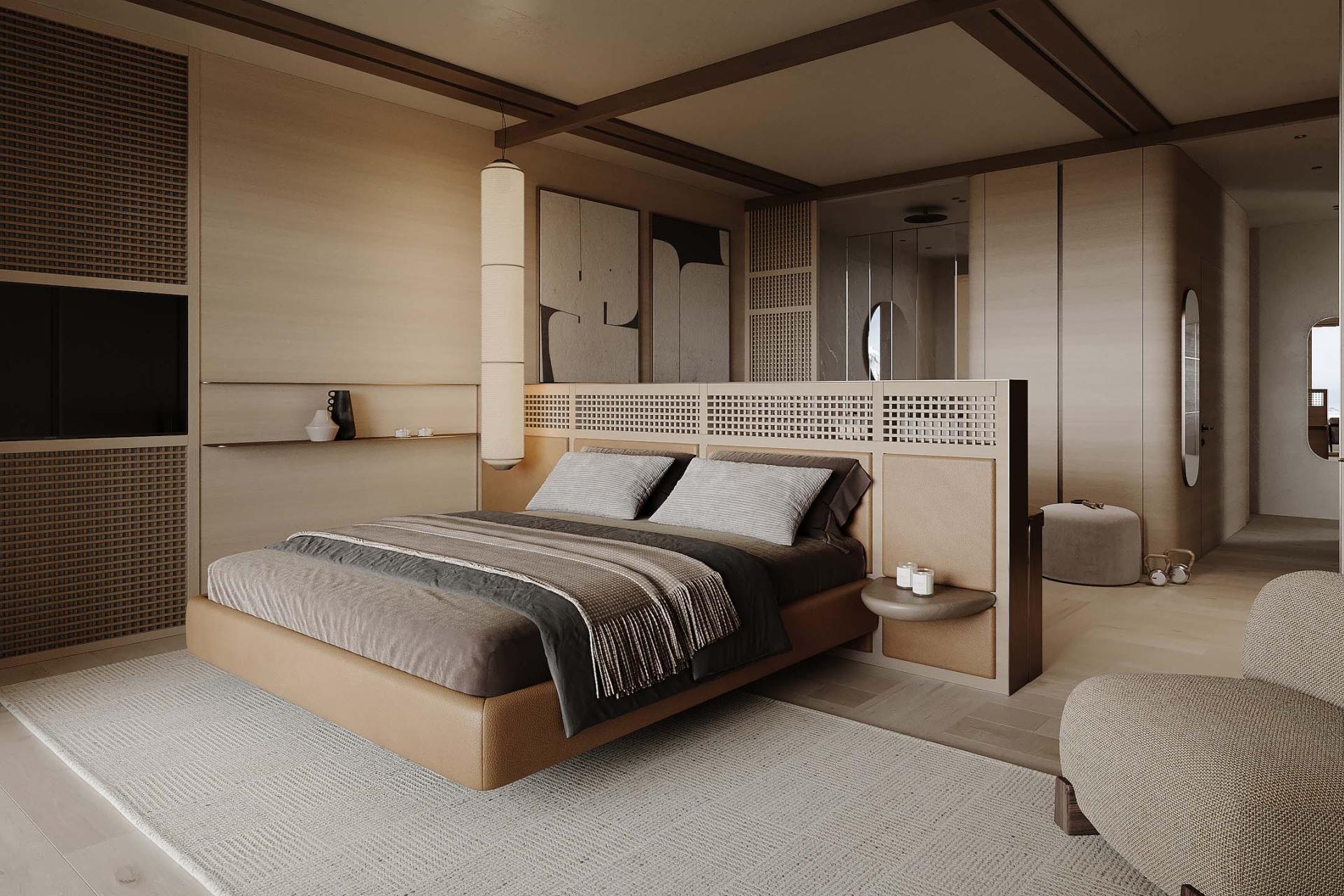 Modernes Schlafzimmer im Hotel Monika mit Holzdesign und gemütlichem Bett