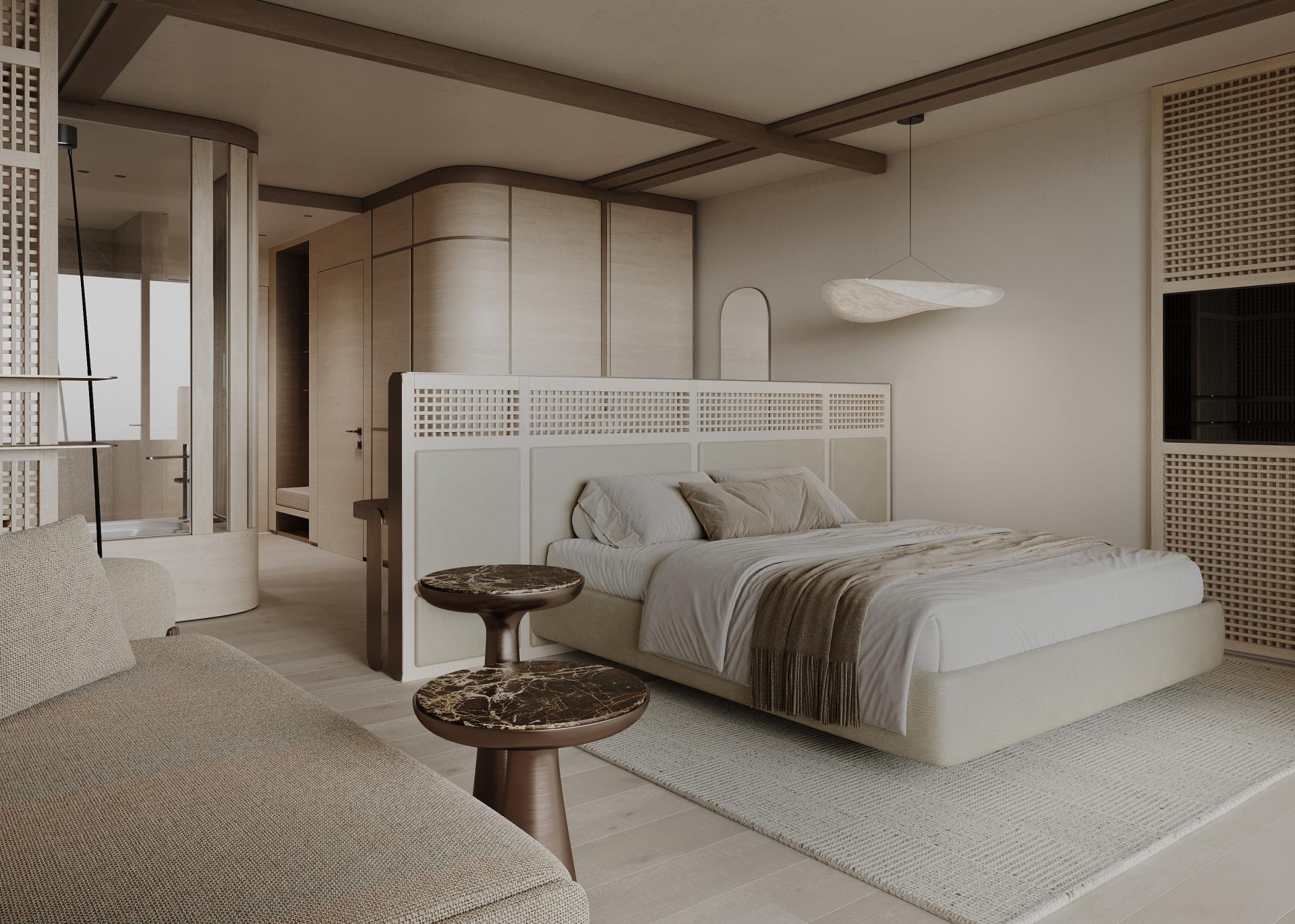 Modern eingerichtetes Zimmer im Hotel Monika mit Bett, Sofa und Fernseher