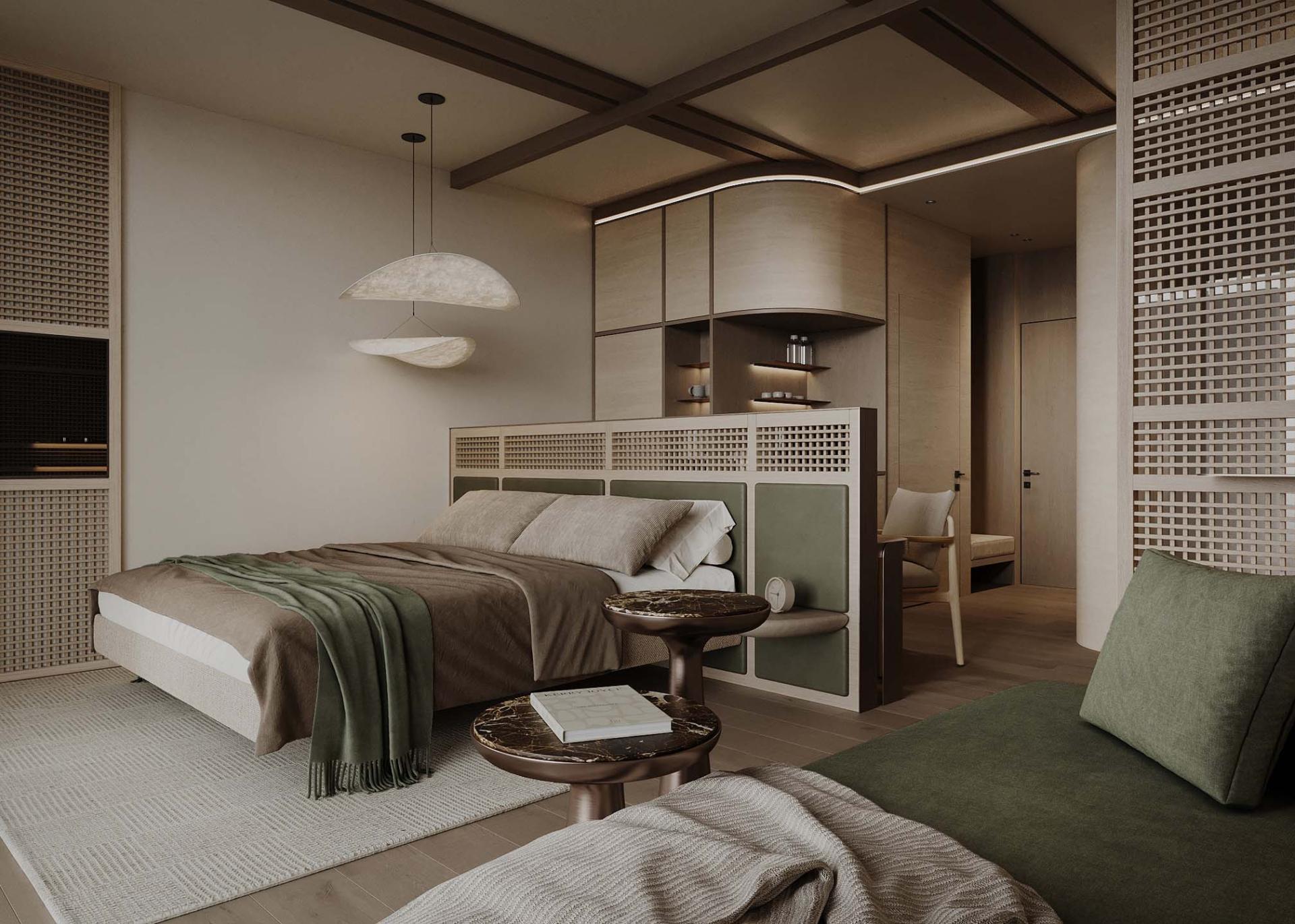 Modernes Hotelzimmer im Hotel Monika mit elegantem Design und Sitzbereich