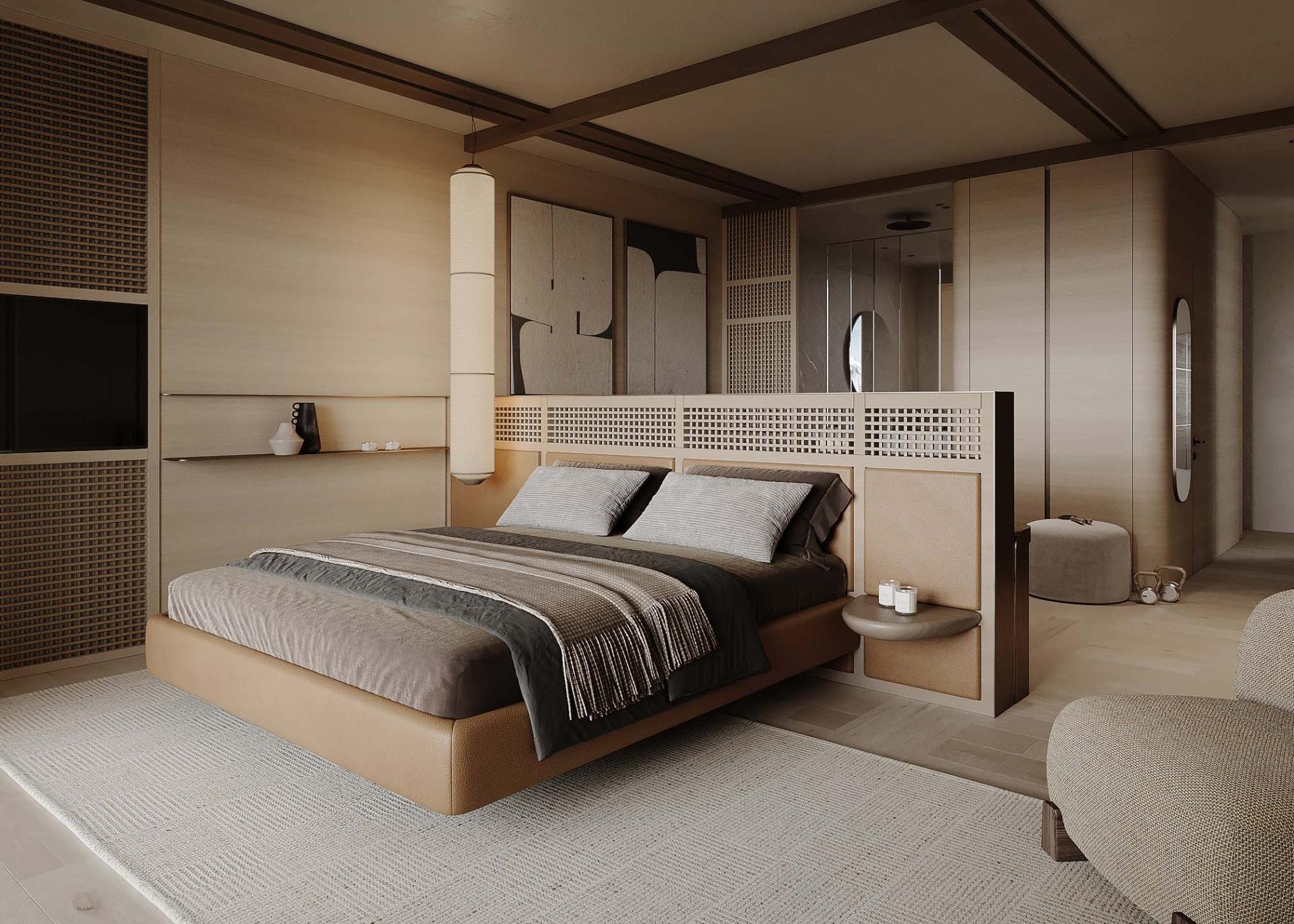 Modernes Schlafzimmer im Hotel Monika mit Holzdesign und gemütlichem Bett