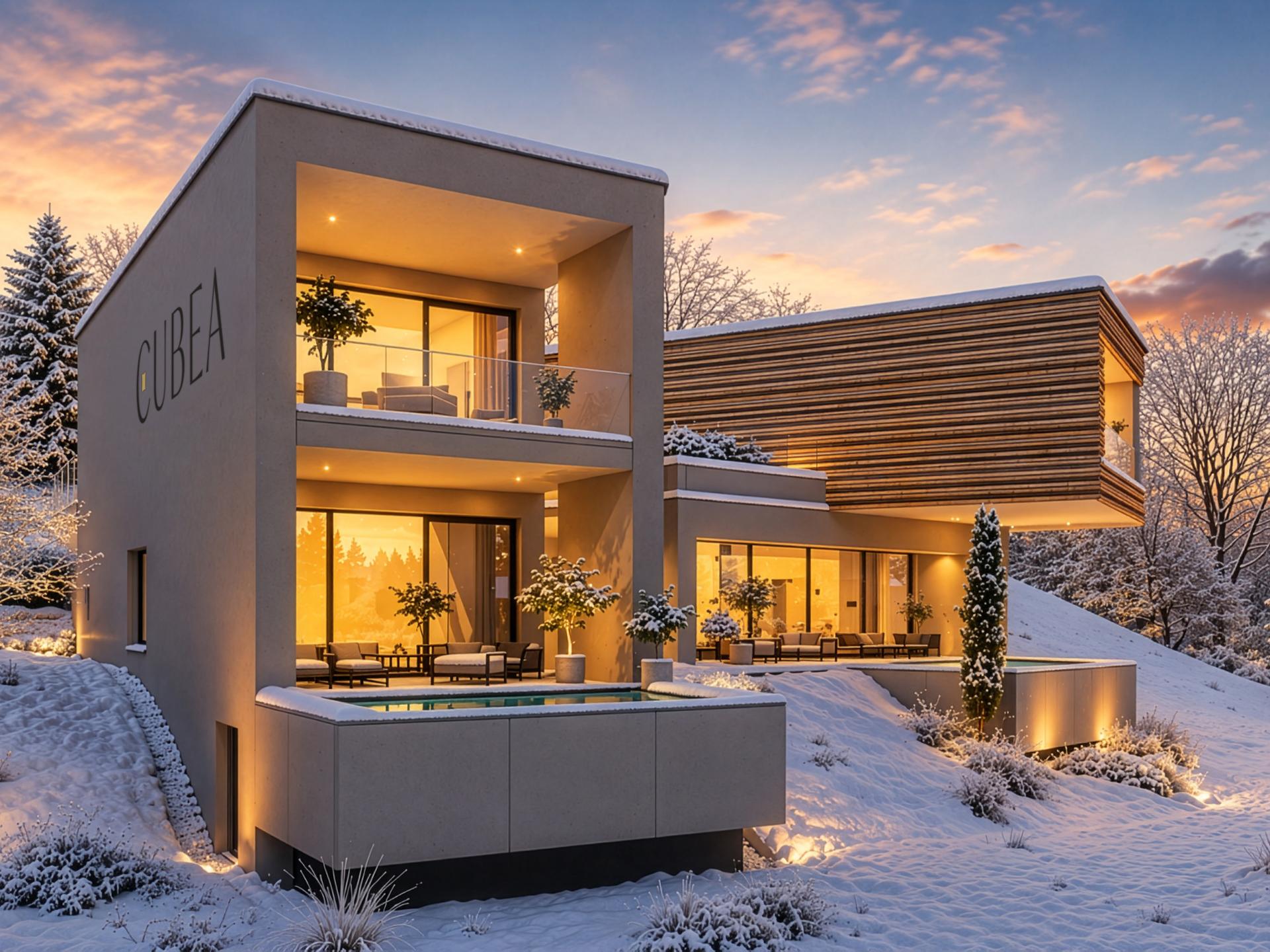 Modernes Cubea-Haus im Schnee bei Sonnenuntergang, mit warm beleuchteten Fenstern