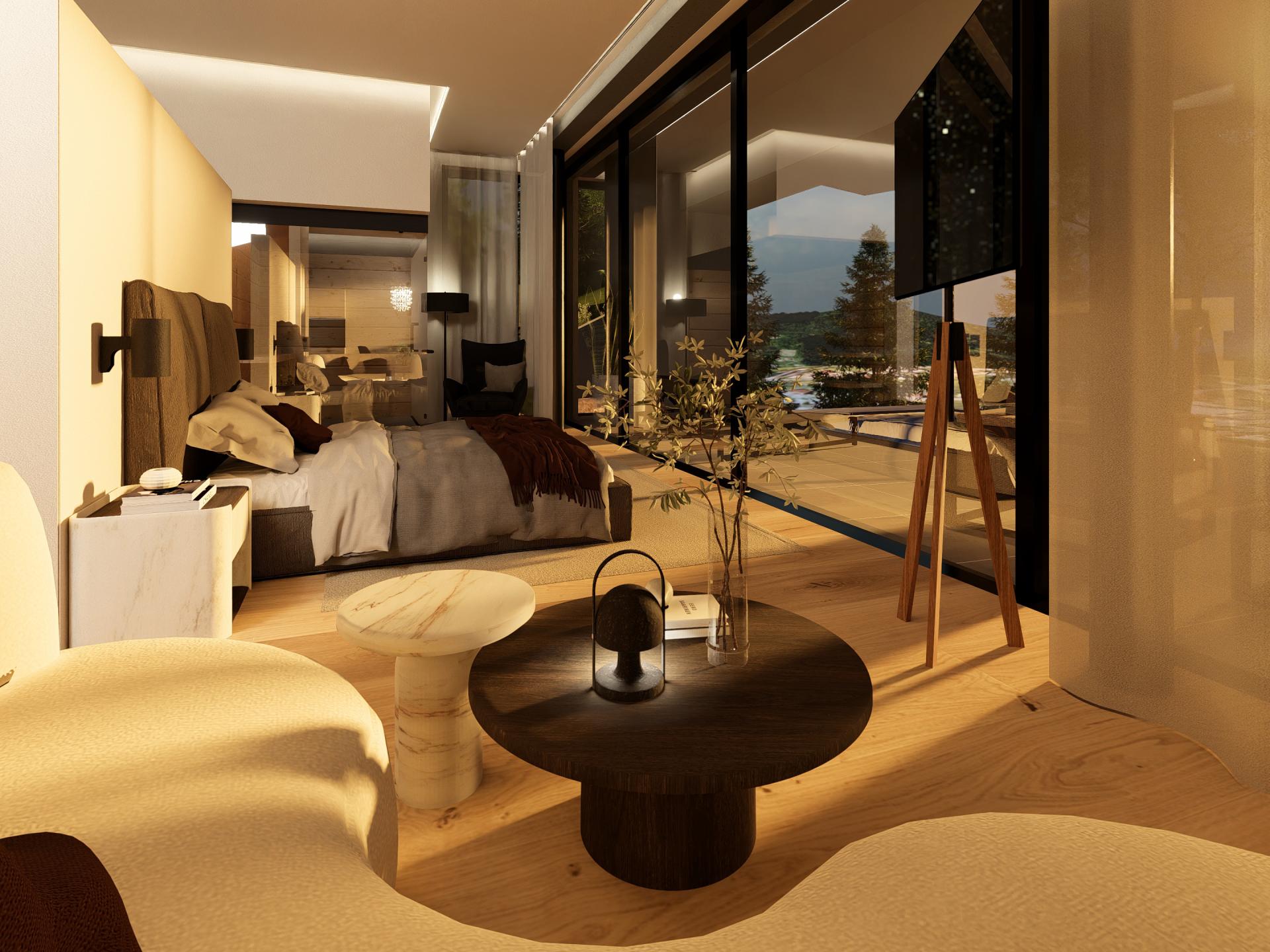 Cubea: warm beleuchtetes modernes Schlafzimmer mit Sitzbereich und großen Glasfronten