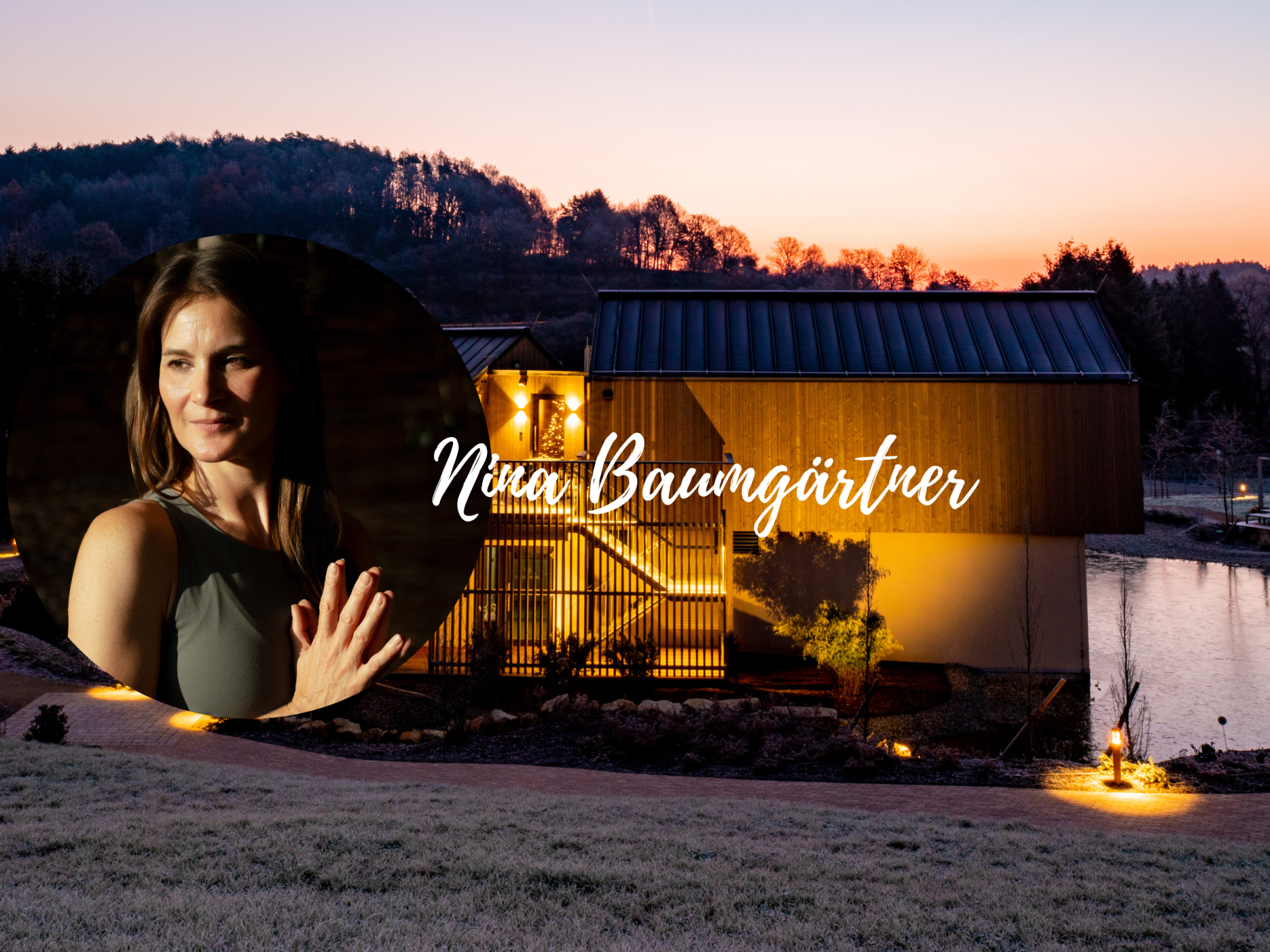 Pfalzblick Wald Spa Resort at sunset with woman in meditation pose