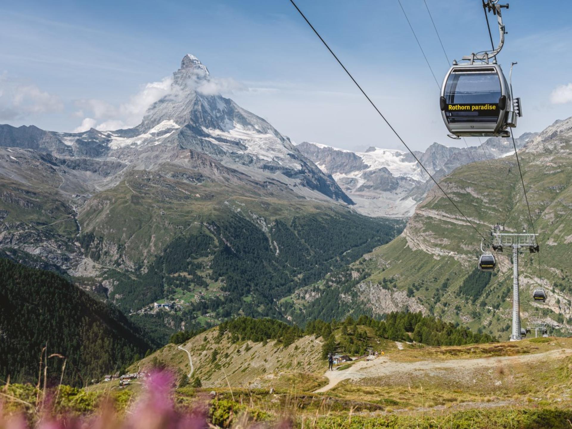 Resort La Ginabelle Zermatt with Matterhorn and cable car in summer