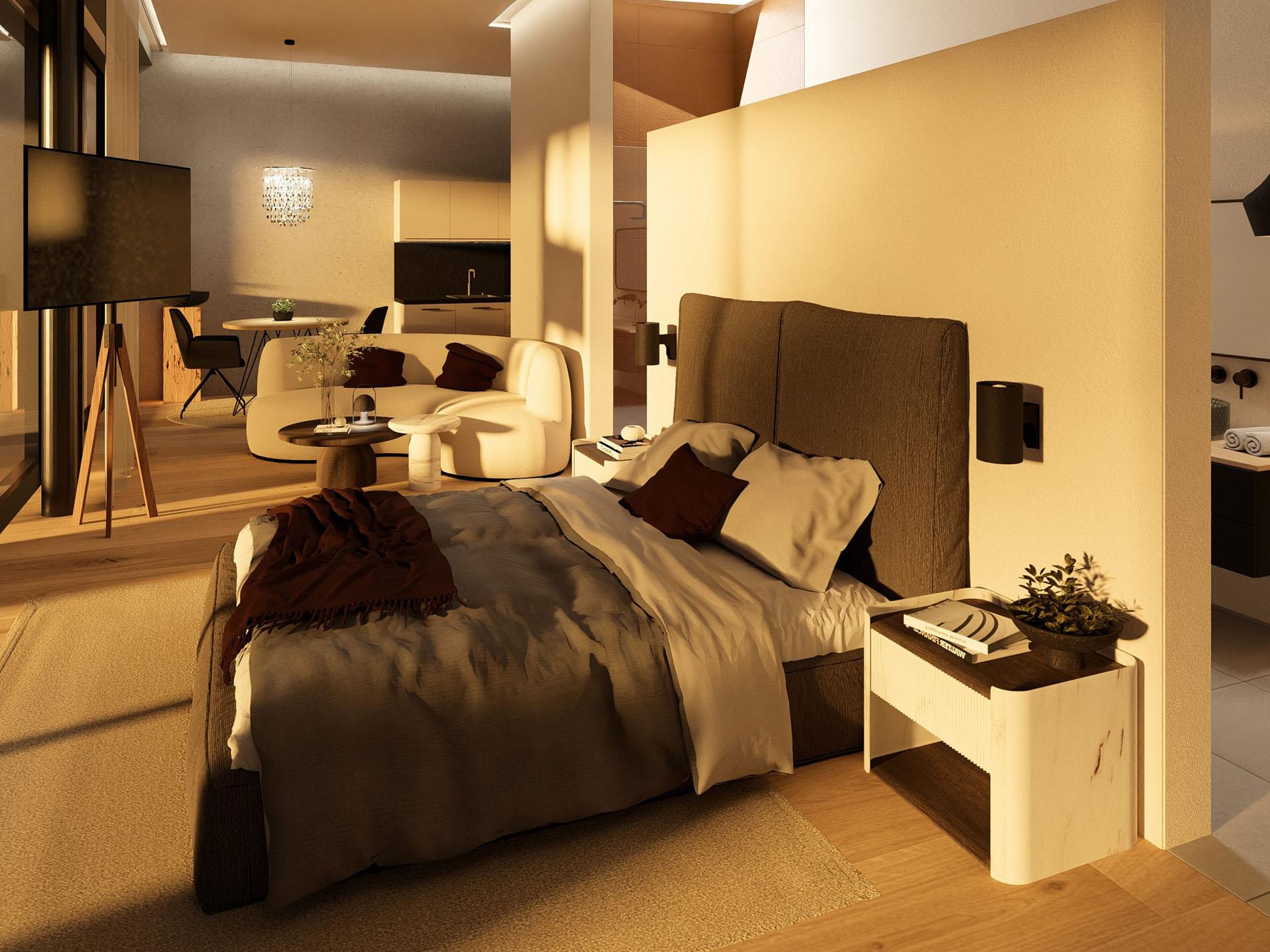 Cubea Schlafzimmer mit modernen Möbeln und großem Fenster mit Blick nach draußen