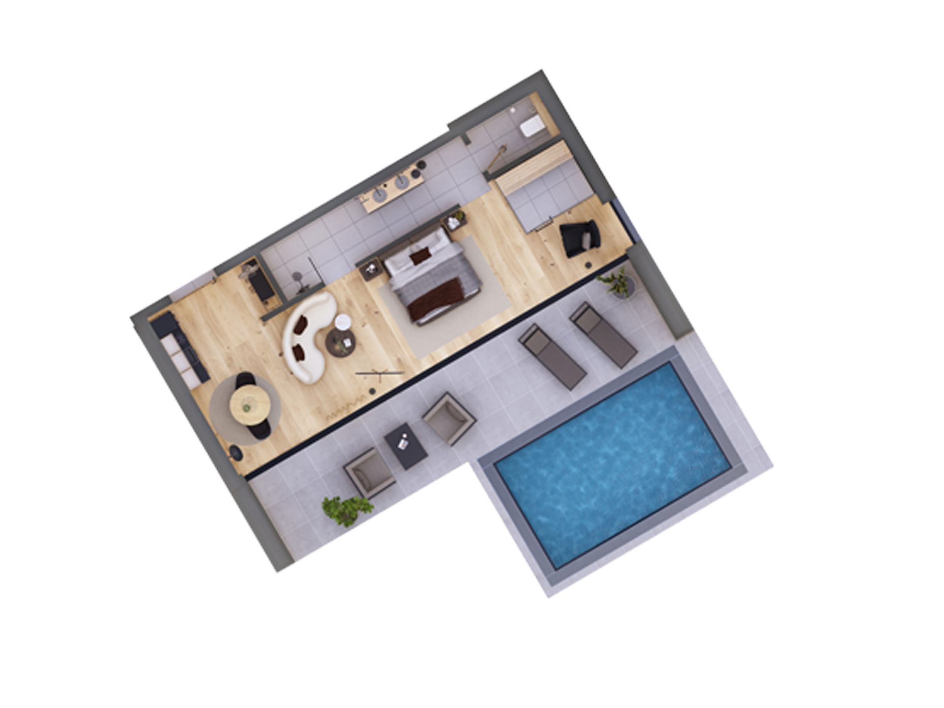 Cubea Grundriss einer Wohnung mit Wohnzimmer und Pool