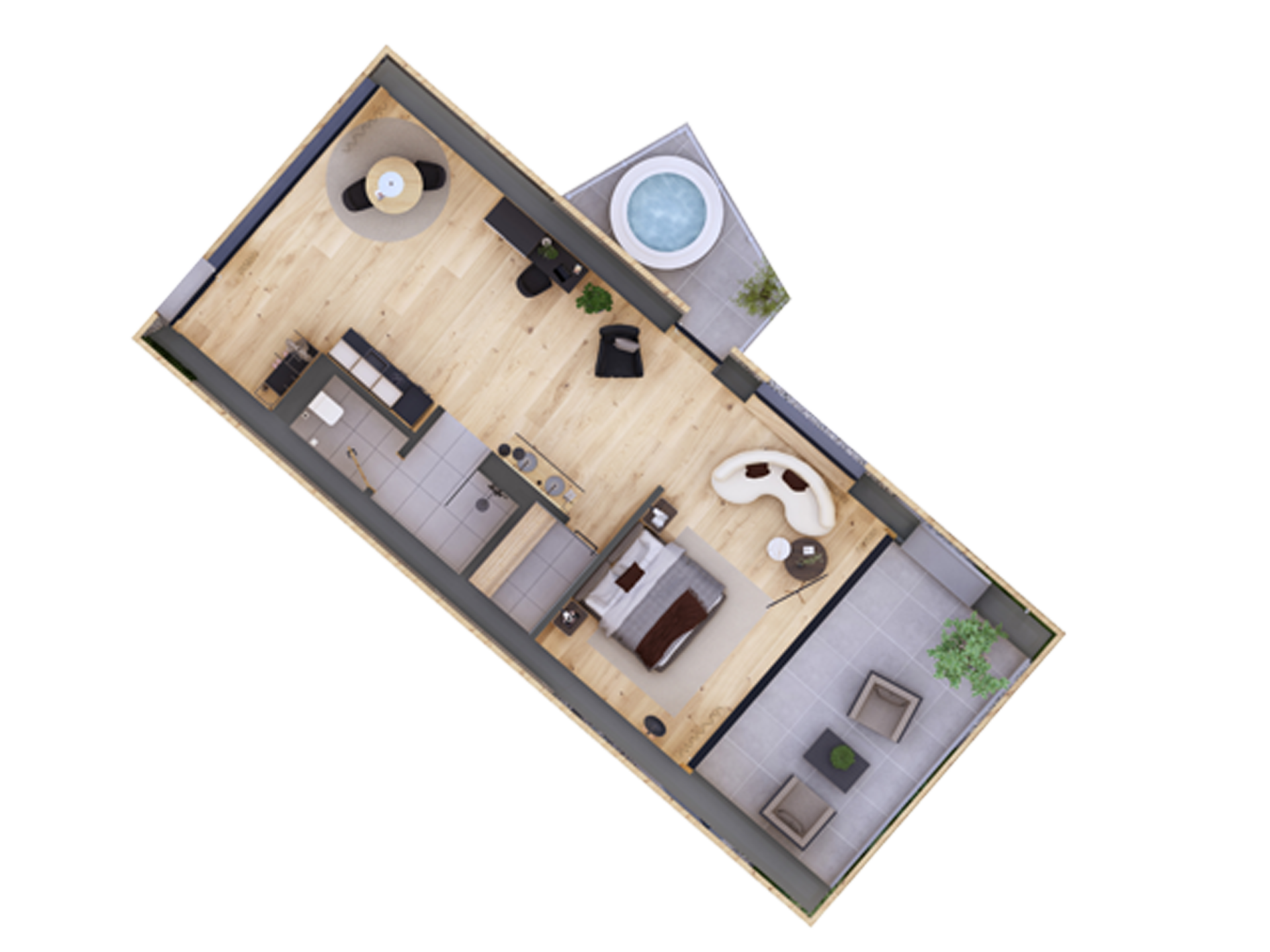 Cubea Grundriss eines kompakten modernen Apartments mit Terrasse und Whirlpool