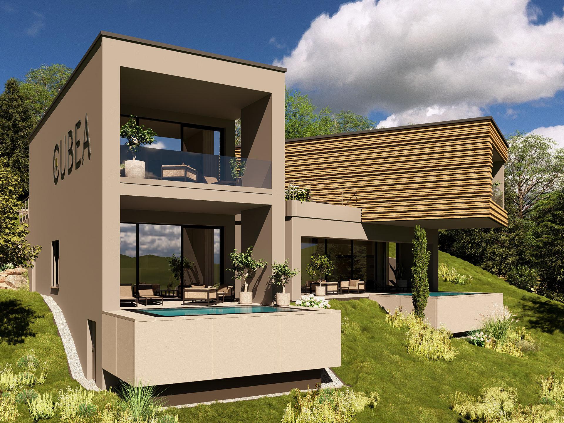 Modernes Cubea Haus mit Balkon und Pool in grüner Umgebung