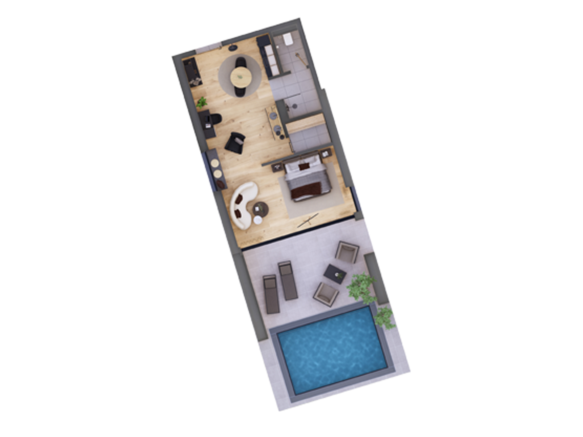 Cubea Grundriss mit Terrasse und Pool, Wohnzimmer, Schlafzimmer und Küche