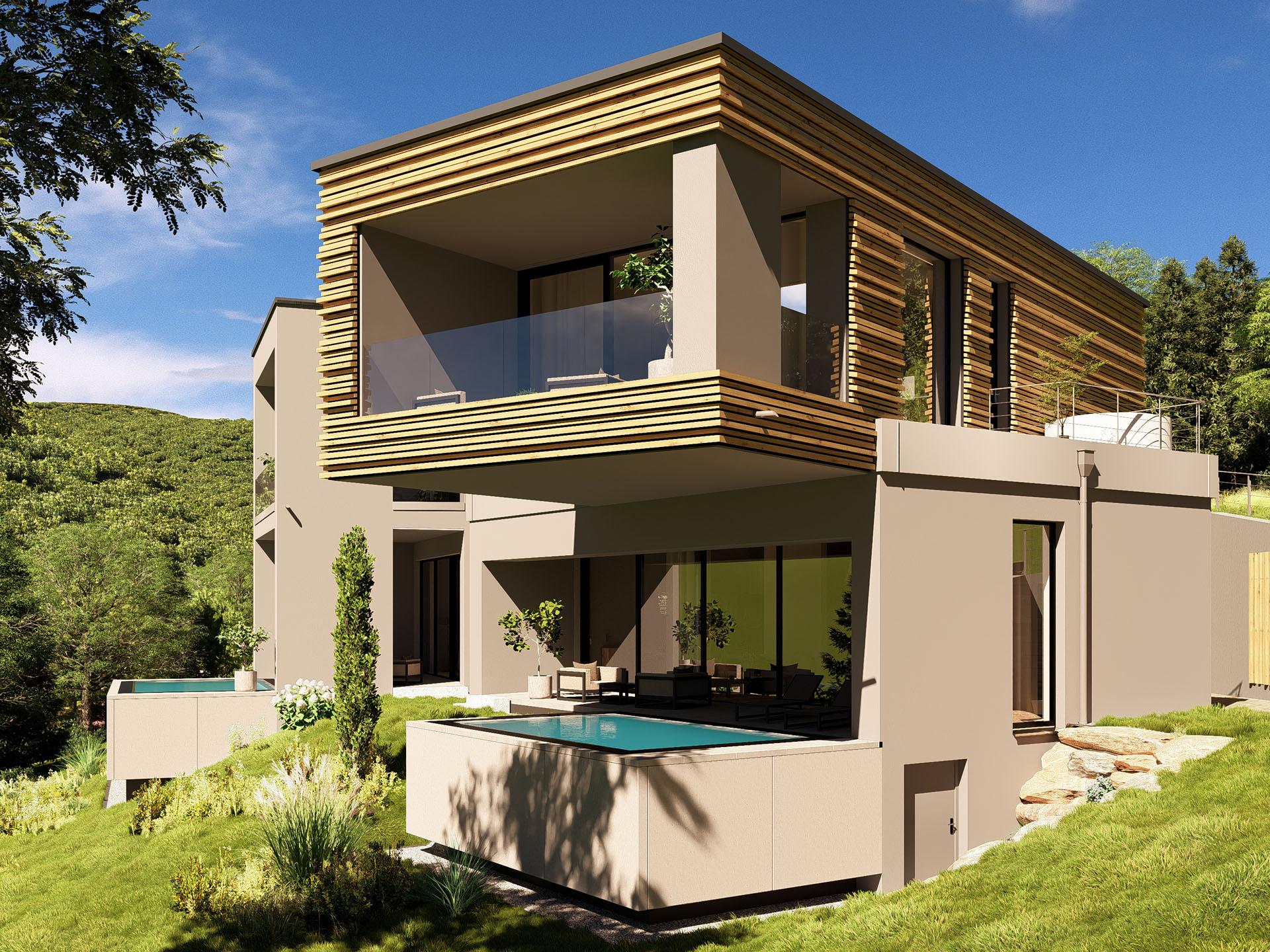 Modernes Cubea Haus mit Balkon und Pool in grüner, hügeliger Landschaft