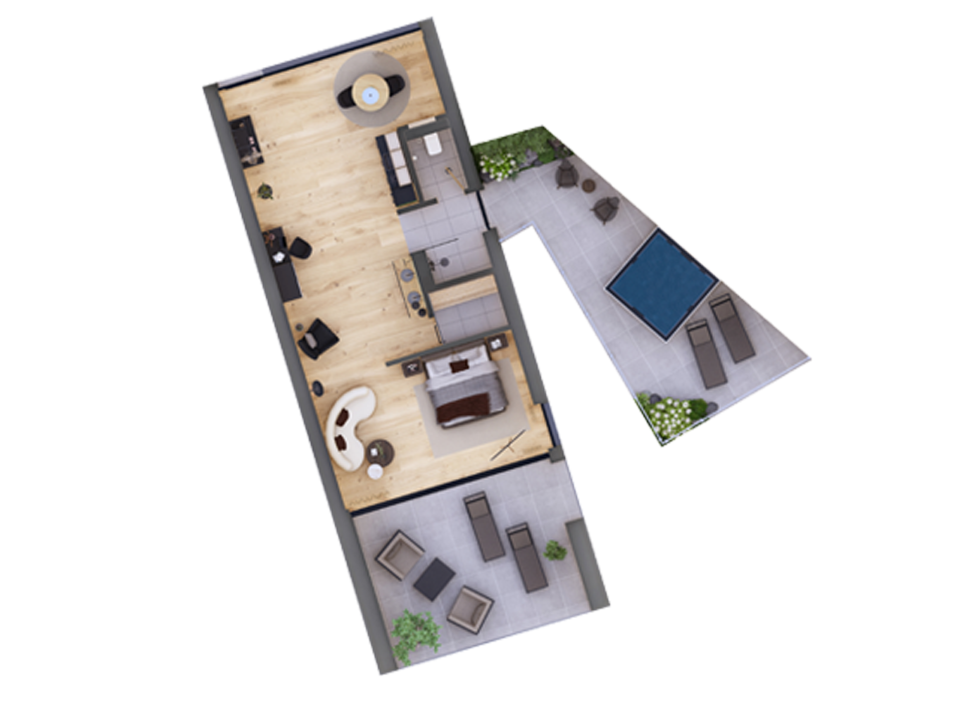 Cubea Grundriss einer Wohnung mit Schlafzimmer, Wohnzimmer, Küche und Terrasse mit Pool