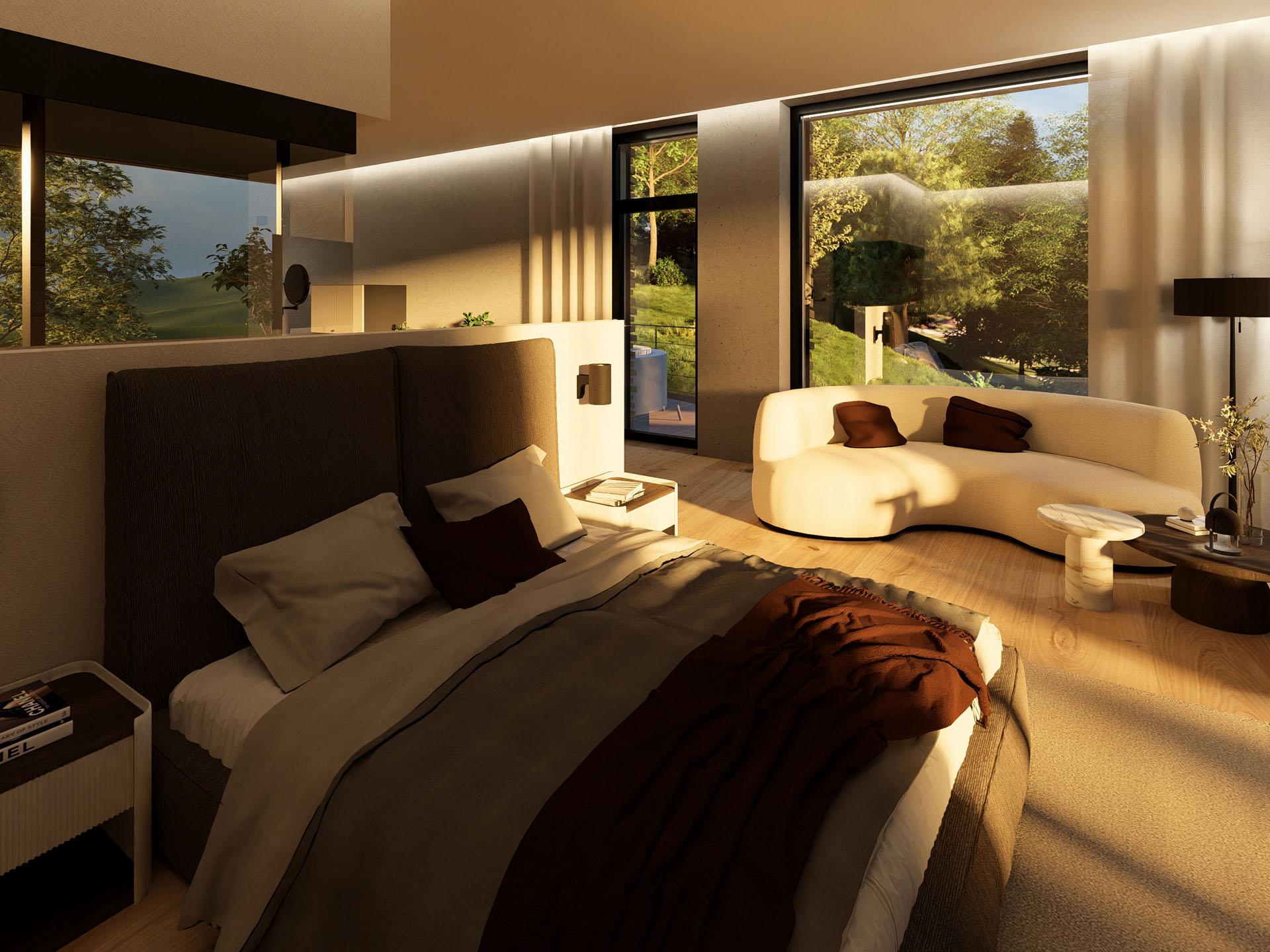 Cubea modernes Schlafzimmer mit großen Fenstern und gemütlichem weißen Sofa bei warmem Licht
