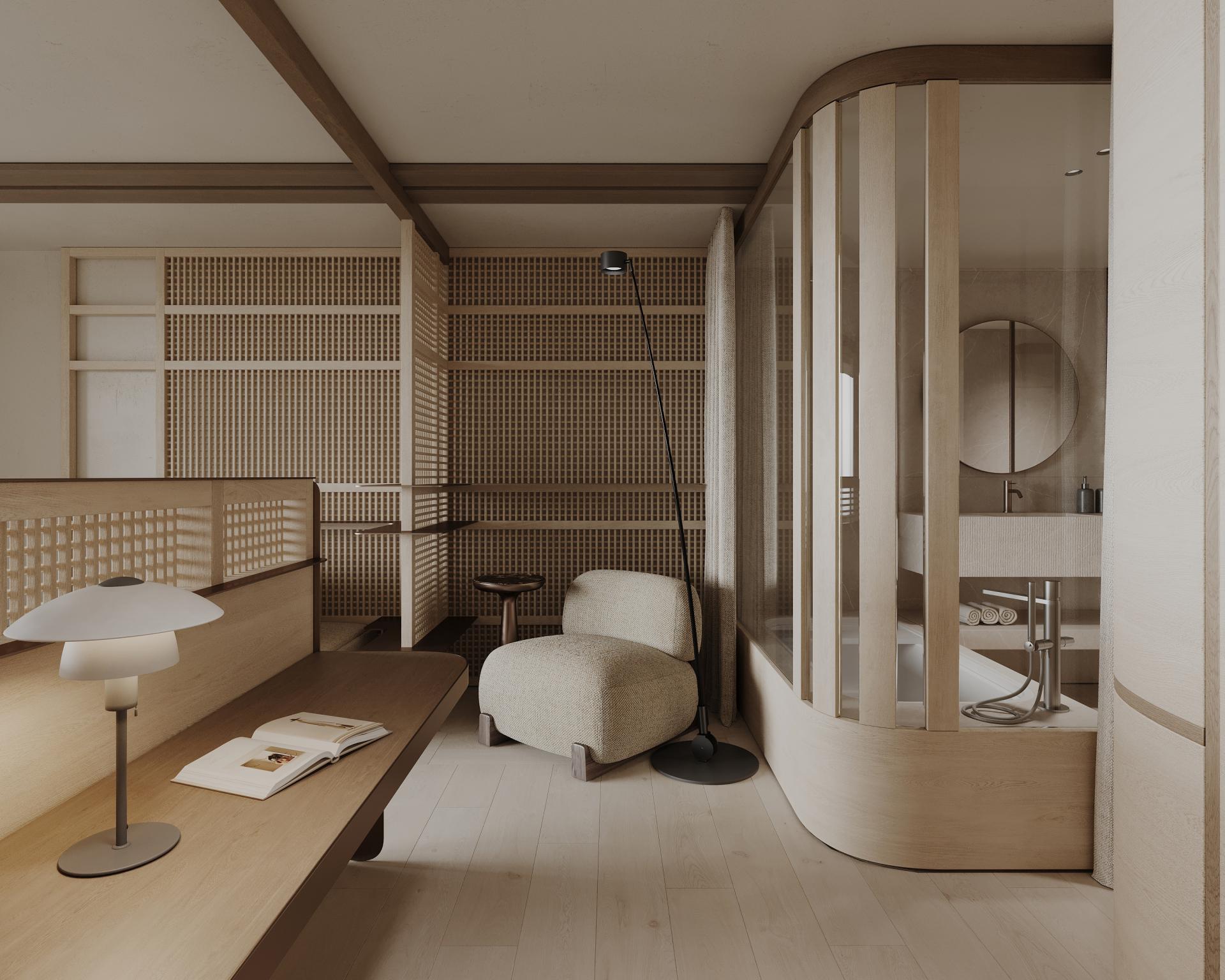 Modernes Zimmer im Hotel Monika mit hellen Holzmöbeln und gemütlichem Lounge-Sessel
