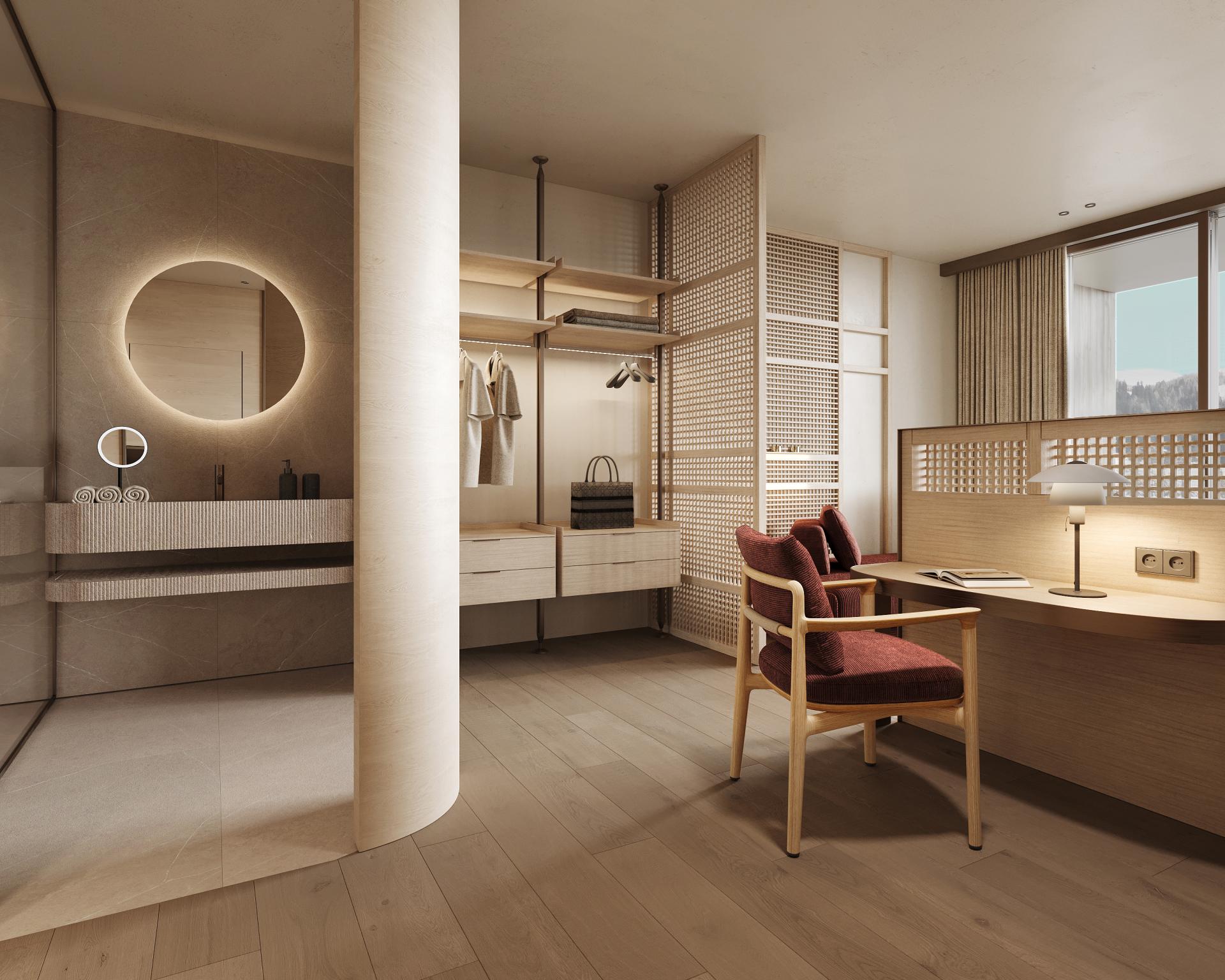 Modern eingerichtetes Zimmer im Hotel Monika mit Schreibtisch und Bad