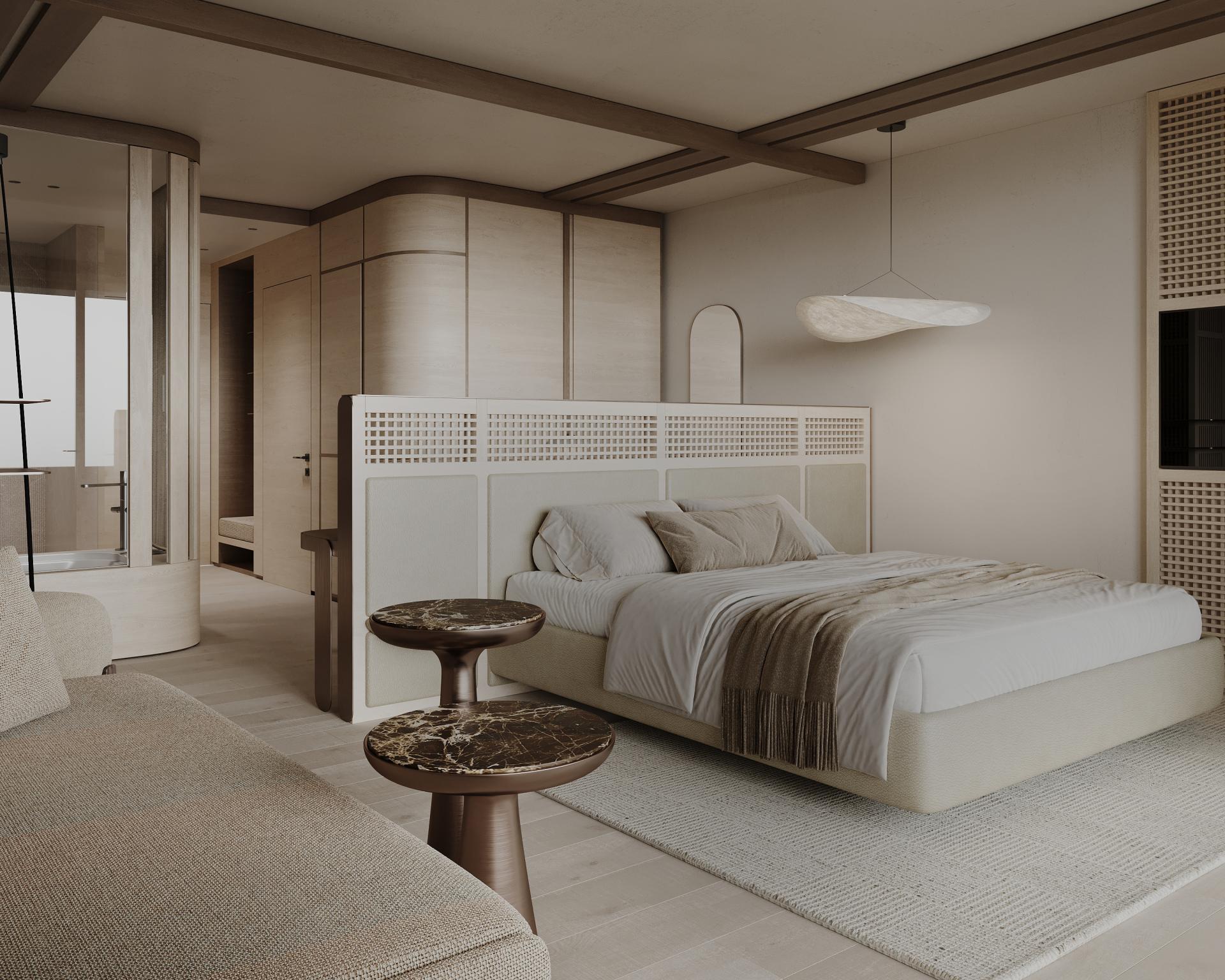 Modern eingerichtetes Zimmer im Hotel Monika mit Bett, Sofa und Fernseher