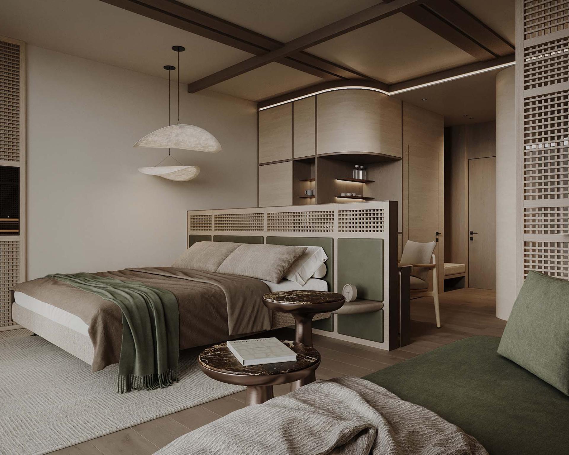 Modernes Hotelzimmer im Hotel Monika mit elegantem Design und Sitzbereich