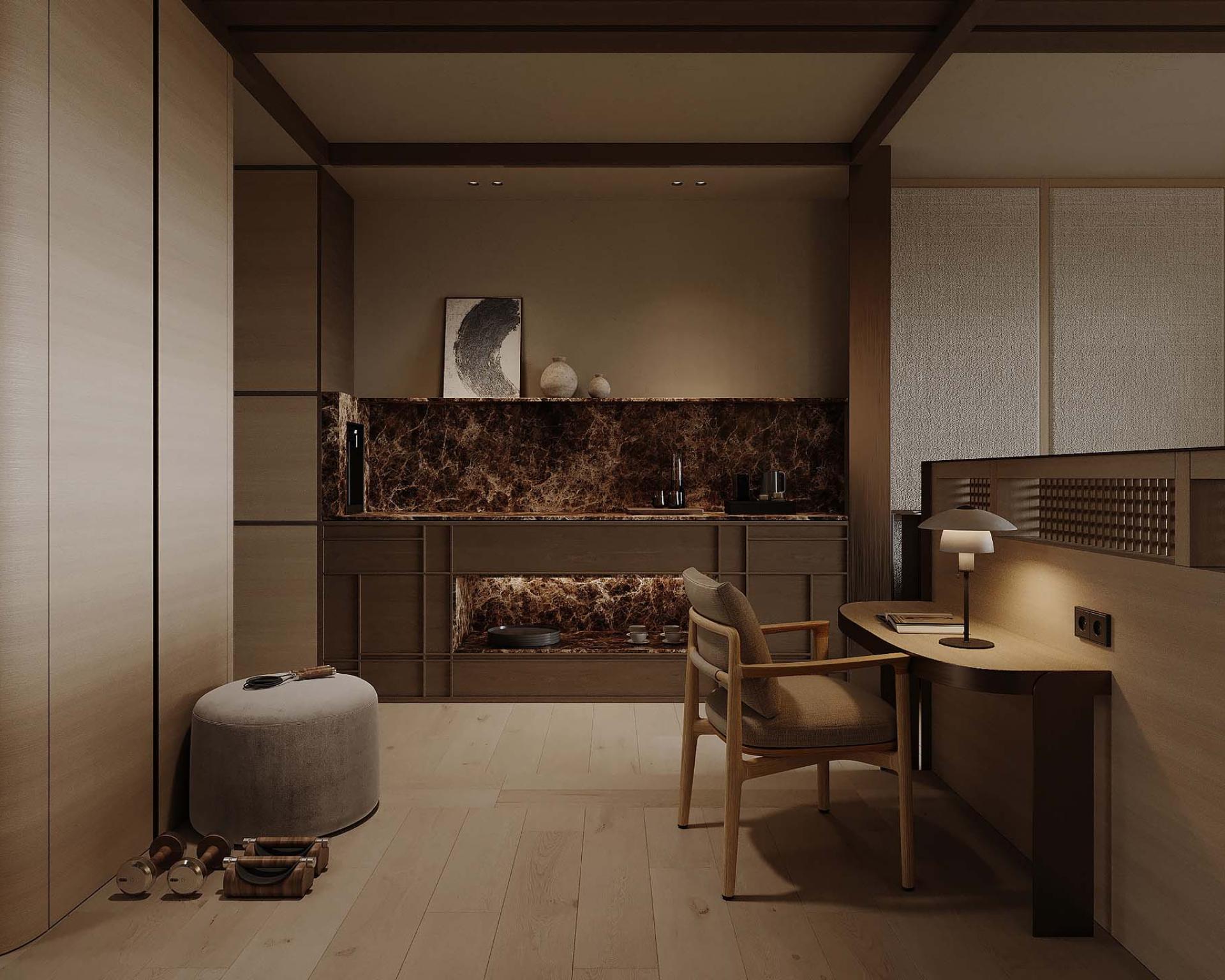 Modernes Zimmer im Hotel Monika mit Schreibtisch und Stuhl