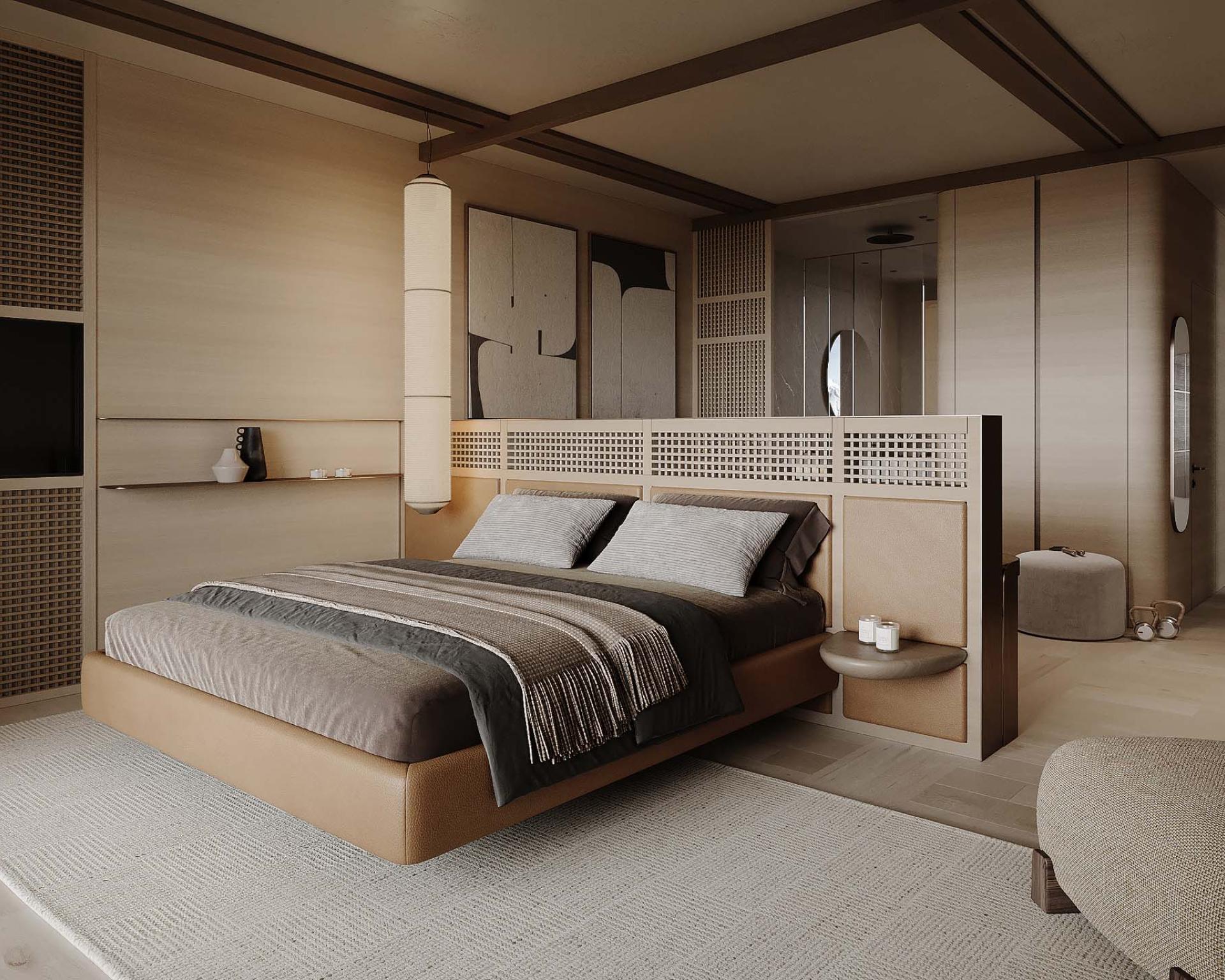 Modernes Schlafzimmer im Hotel Monika mit Holzdesign und gemütlichem Bett