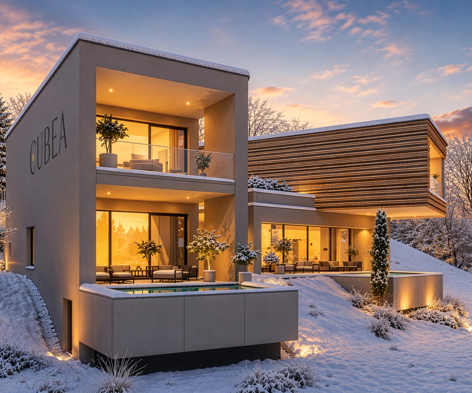 Modernes Cubea-Haus im Schnee bei Sonnenuntergang, mit warm beleuchteten Fenstern
