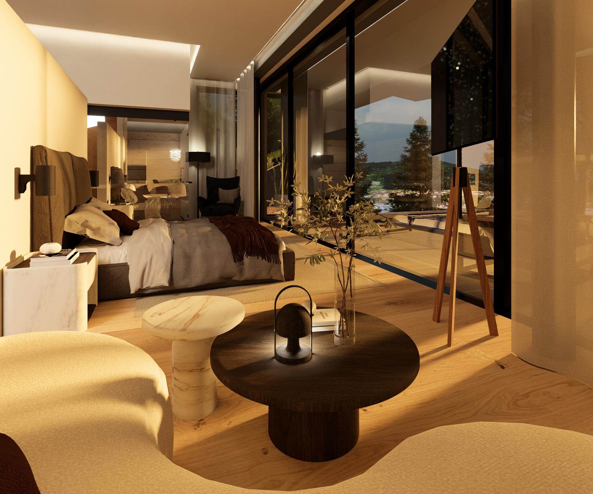 Cubea: warm beleuchtetes modernes Schlafzimmer mit Sitzbereich und großen Glasfronten