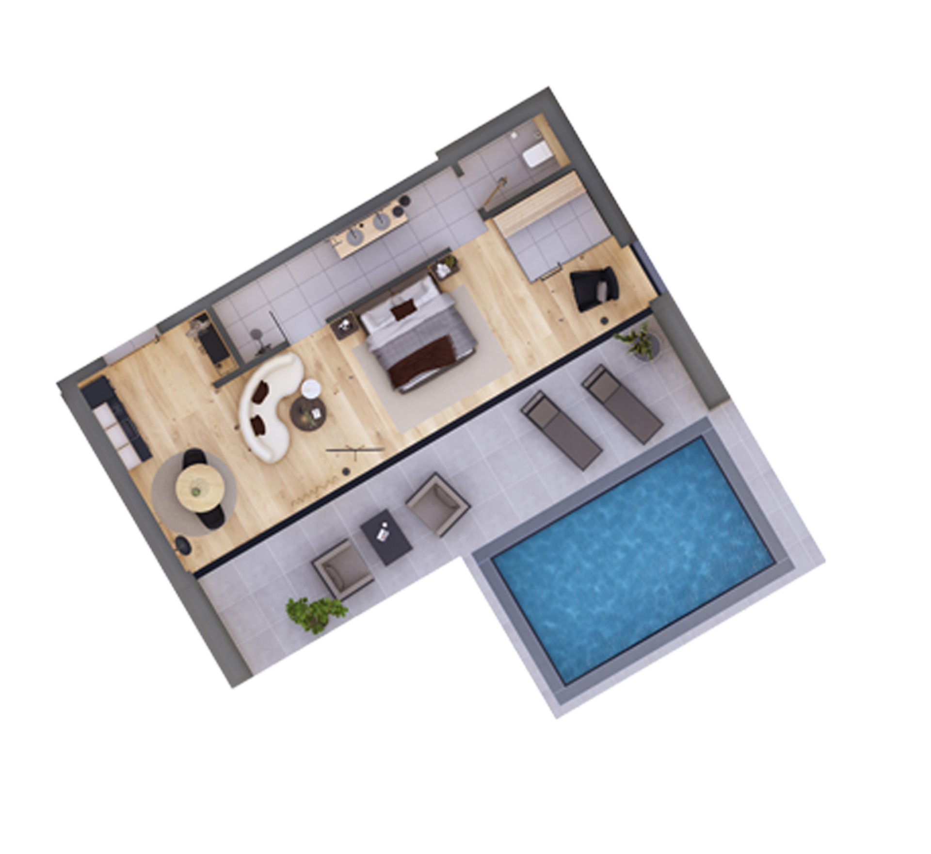 Cubea Grundriss einer Wohnung mit Wohnzimmer und Pool