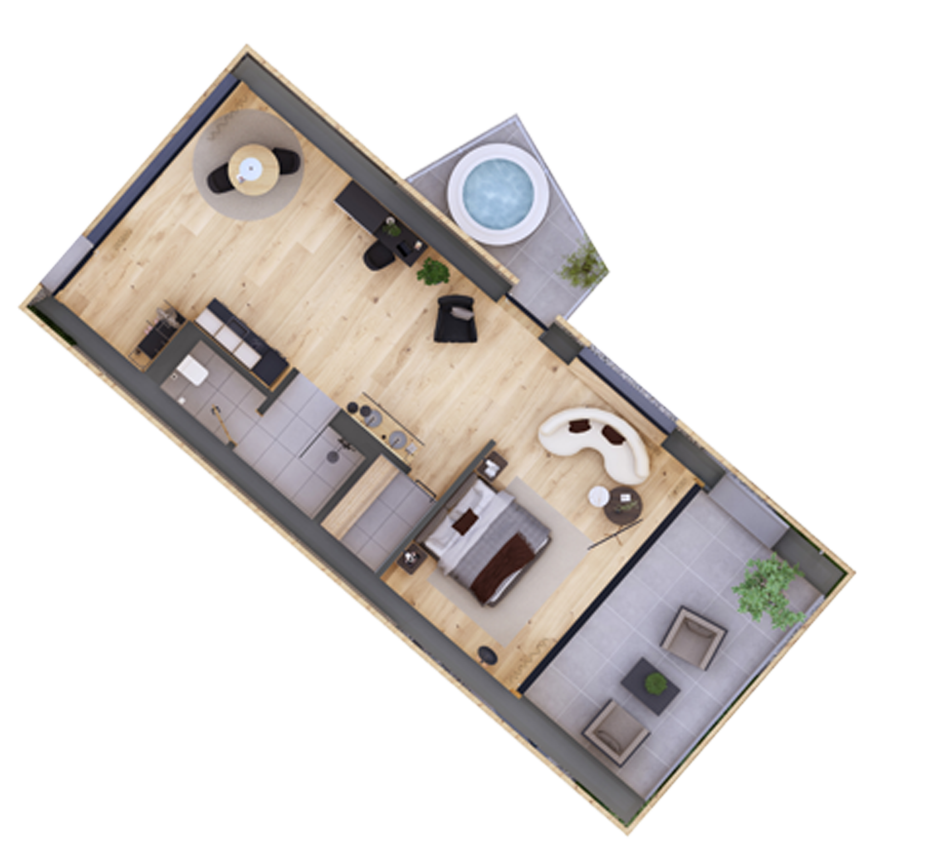 Cubea Grundriss eines kompakten modernen Apartments mit Terrasse und Whirlpool