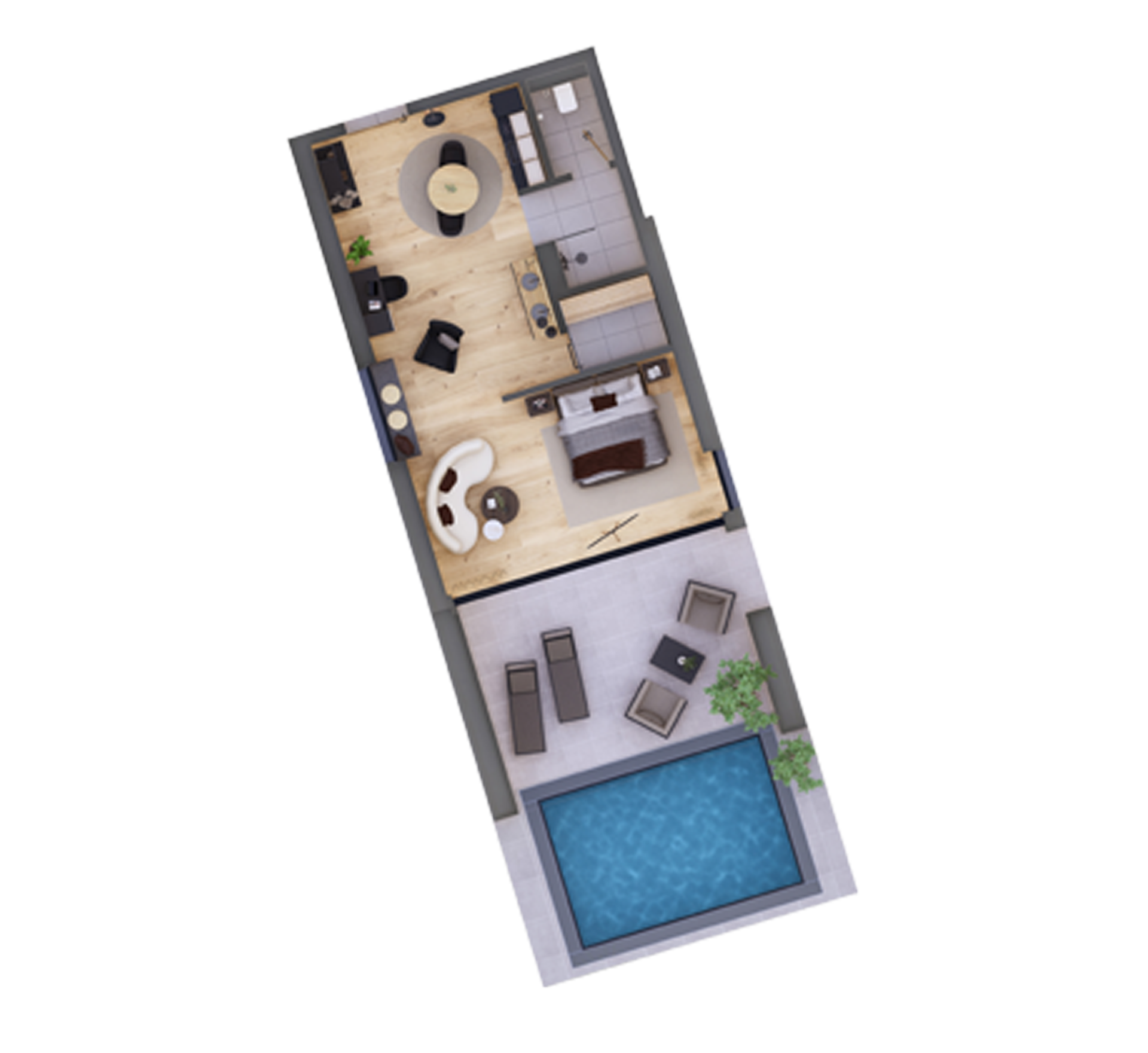 Cubea Grundriss mit Terrasse und Pool, Wohnzimmer, Schlafzimmer und Küche