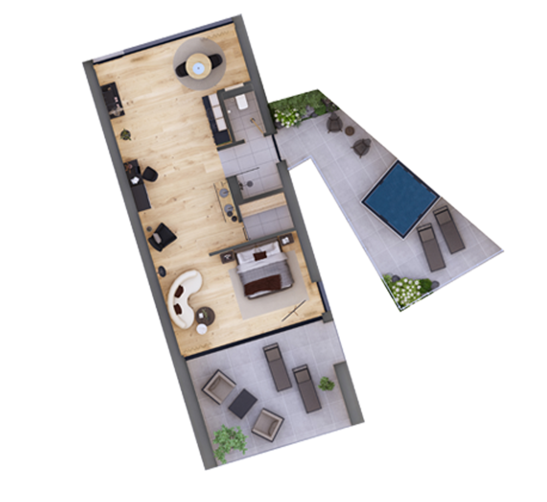 Cubea Grundriss einer Wohnung mit Schlafzimmer, Wohnzimmer, Küche und Terrasse mit Pool