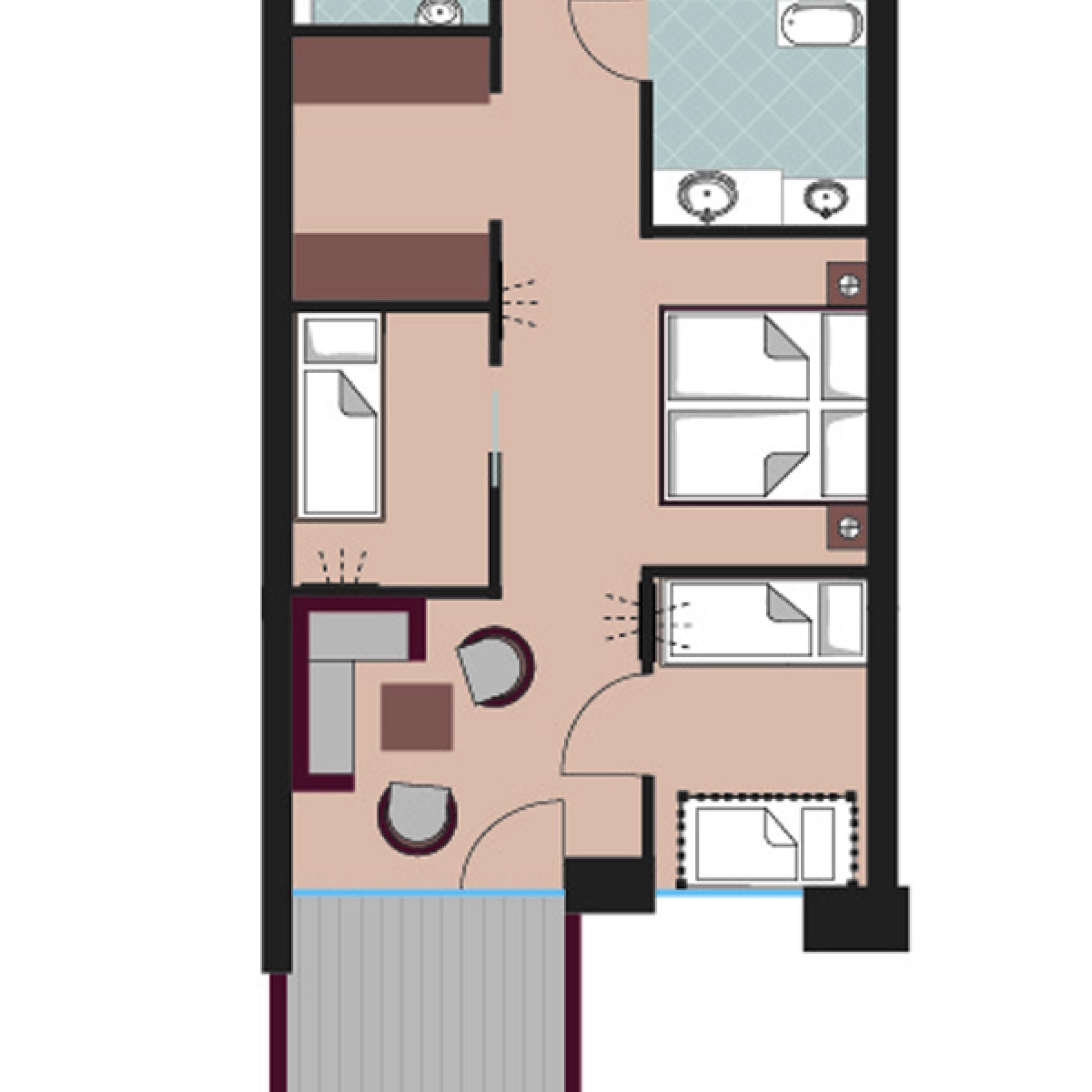 Grundriss einer Familienunterkunft im Familienresort Buchau mit Schlafzimmern und Terrasse