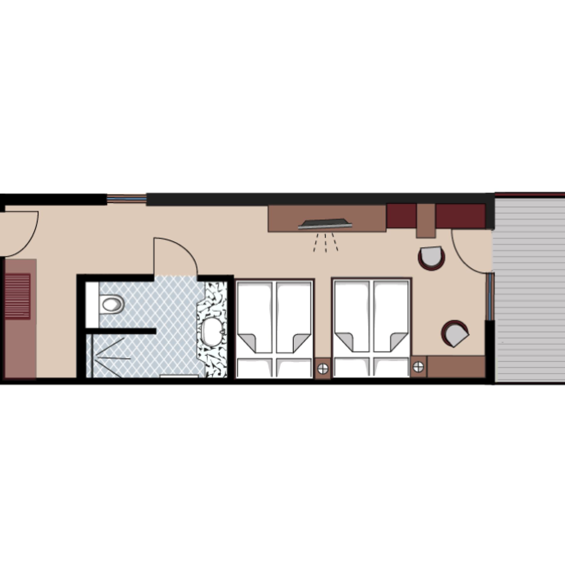 Grundriss eines Doppelzimmers im Familienresort Buchau mit Bad und Balkon