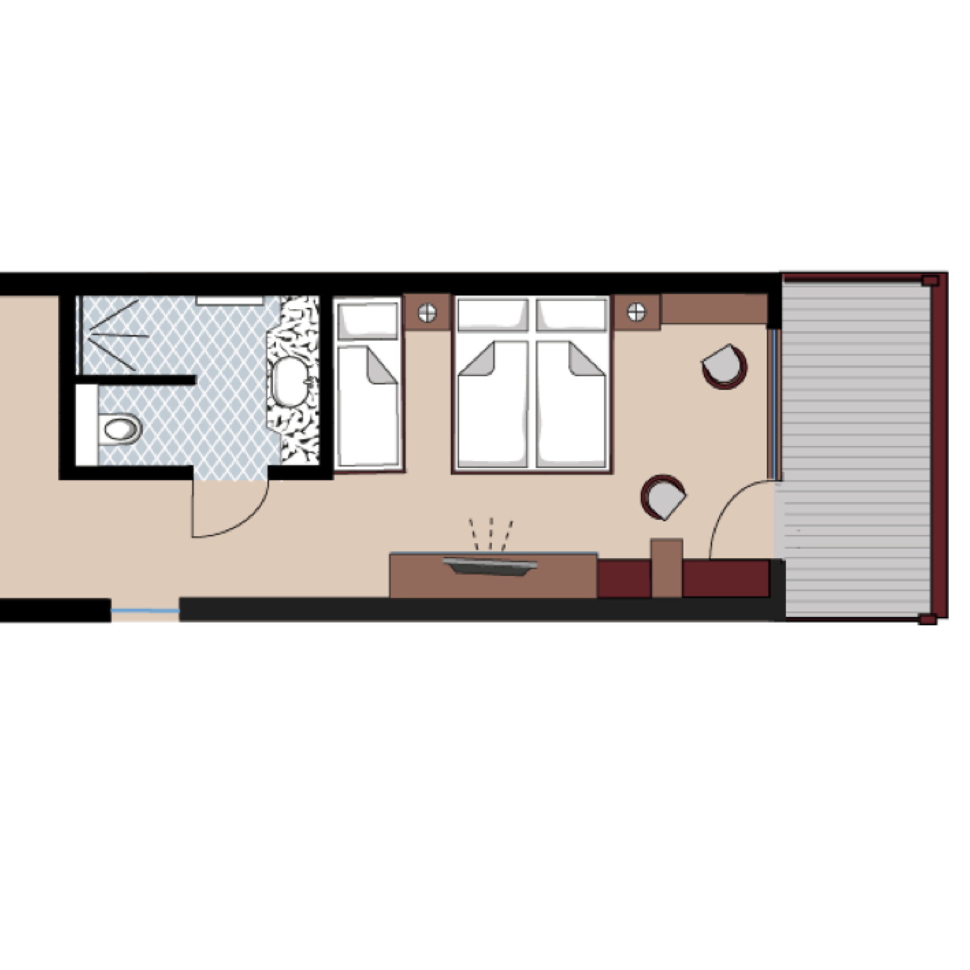 Floor plan of a hotel room at Familienresort Buchau with bathroom and balcony
