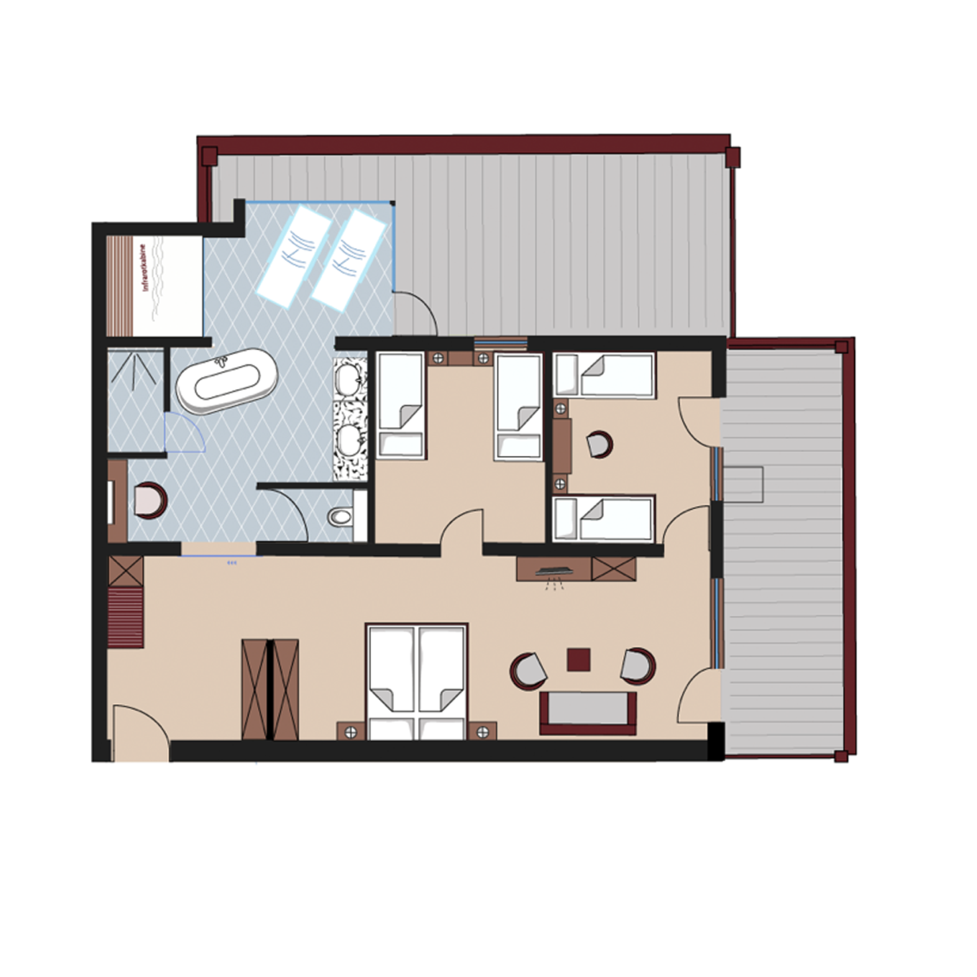 Grundriss einer Familienwohnung im Familienresort Buchau mit Schlafzimmern und Bad