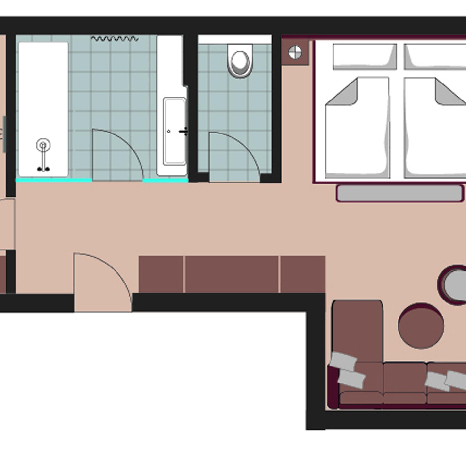 Grundriss eines Familienapartments im Familienresort Buchau mit Schlafzimmern und Bad