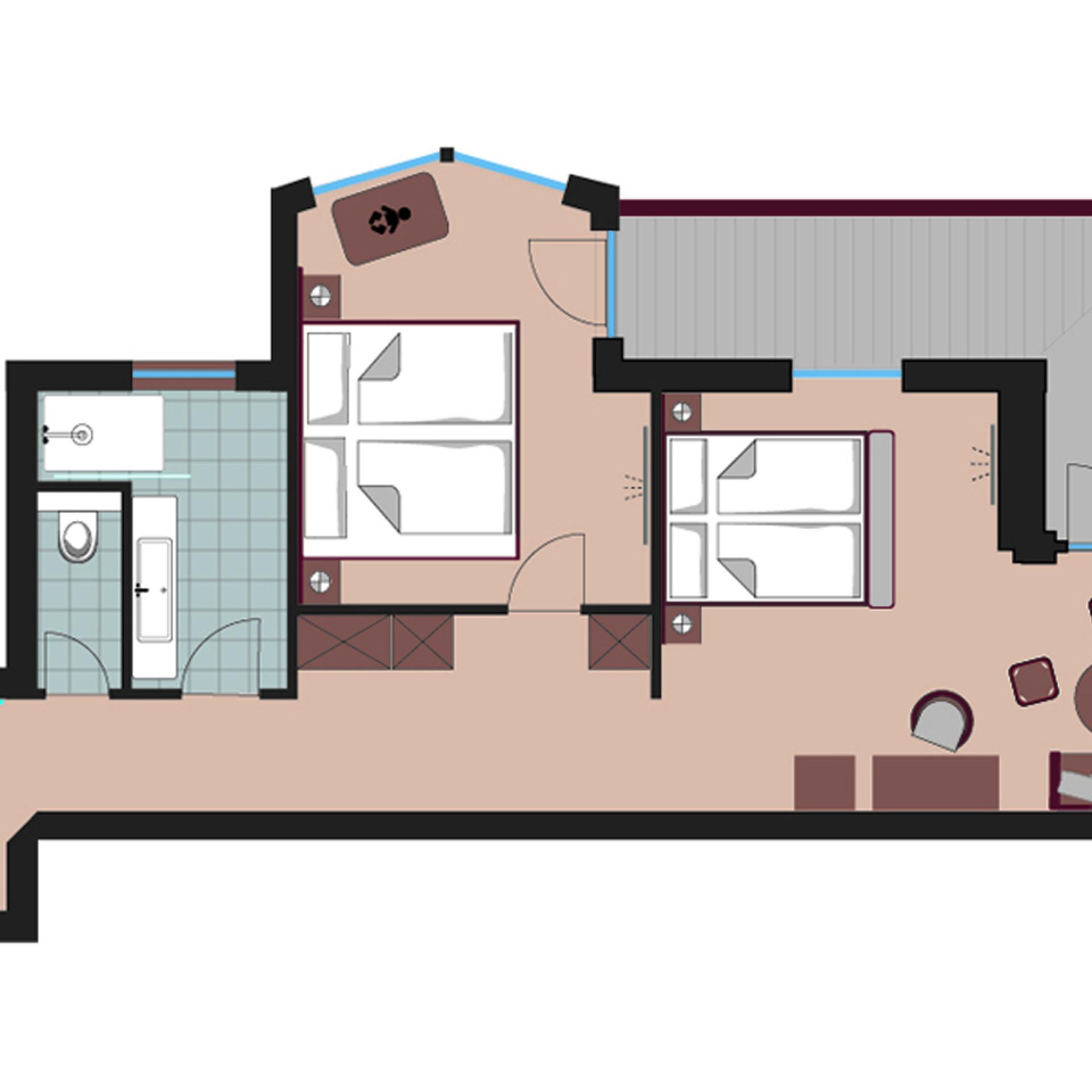 Floor plan of an apartment at Familienresort Buchau with bedroom, bathroom, and living area