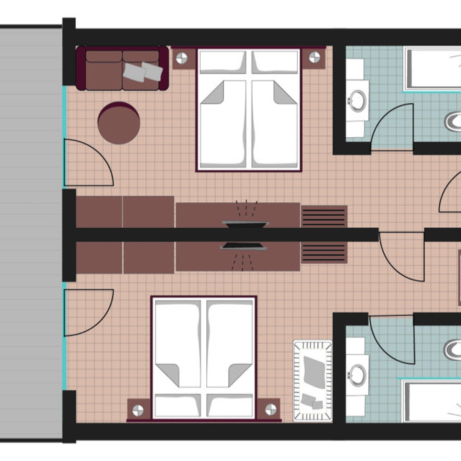 Grundriss einer Doppelzimmer-Suite im Familienresort Buchau mit zwei Badezimmern
