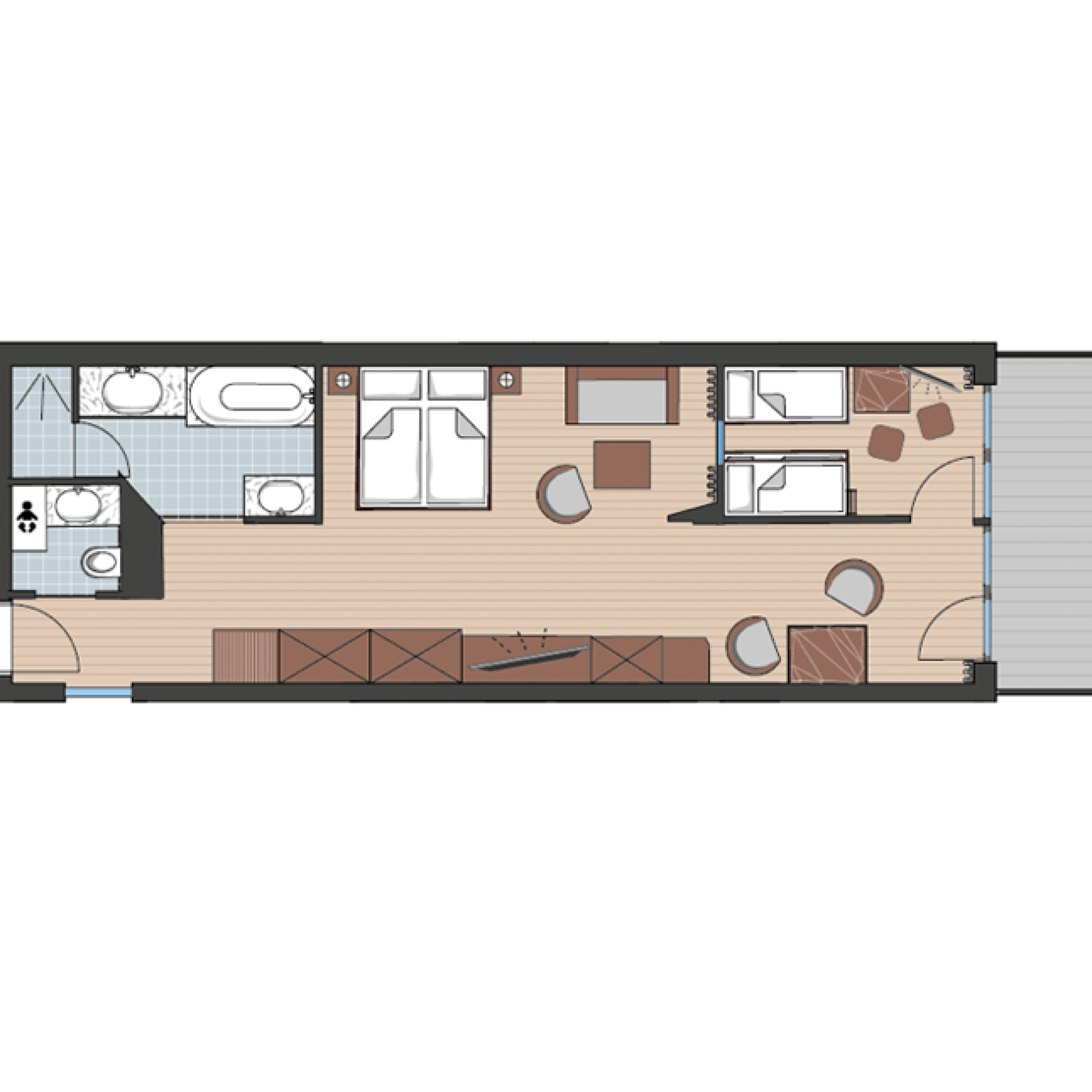 Floor plan of accommodation at Familienresort Buchau with bedroom, bathroom, and balcony