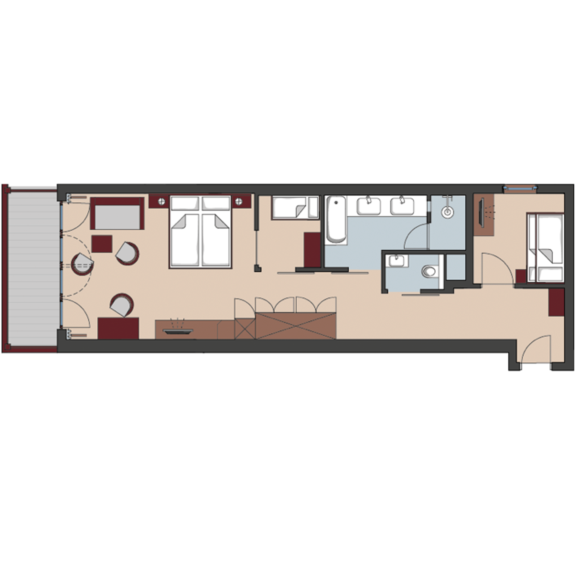 Floor plan of an apartment at Familienresort Buchau with bedroom, bathroom, and living area
